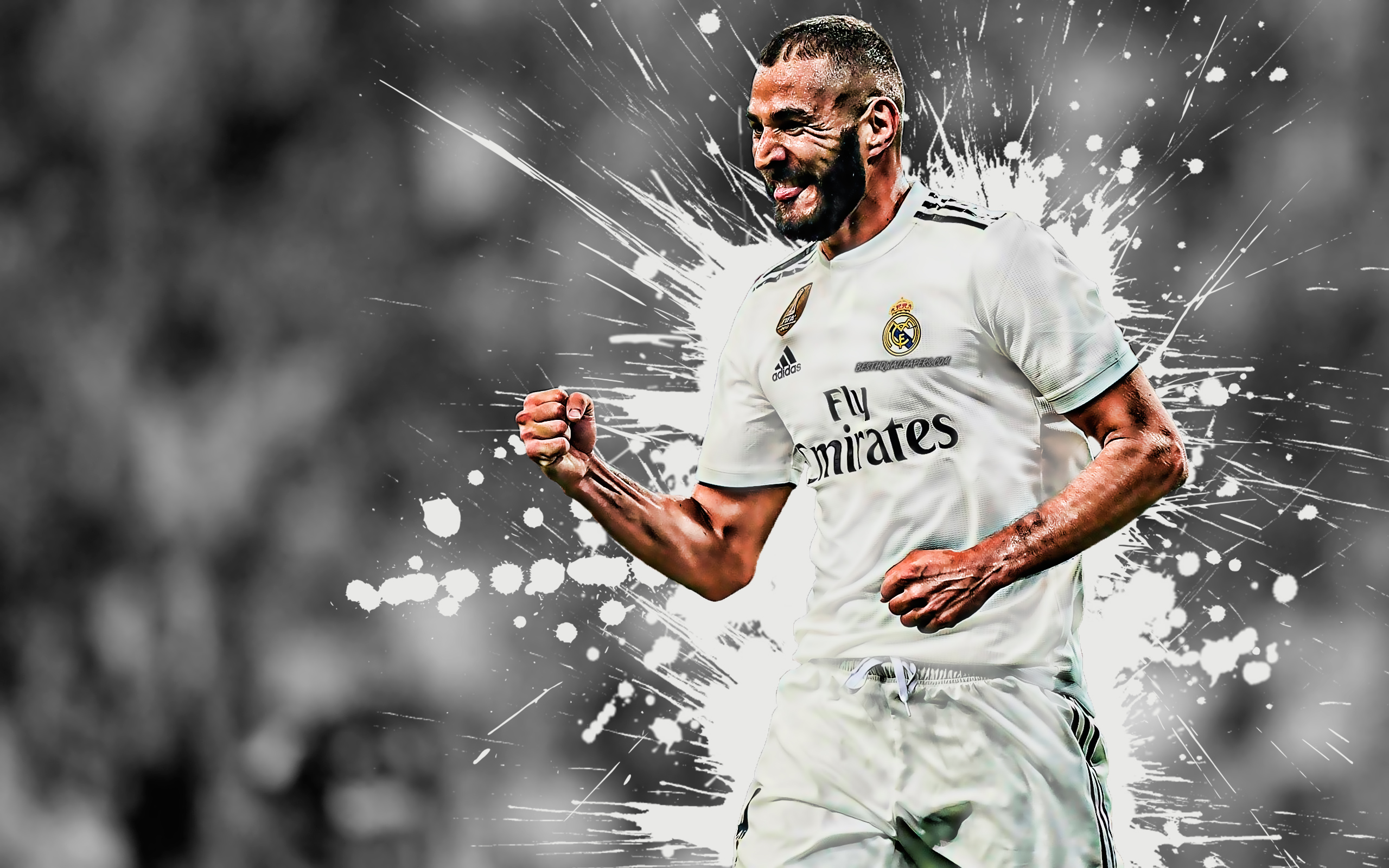 Download wallpaper Karim Benzema, 4k, French football player, Real Madrid, striker, white paint splashes, creative art, La Liga, Spain, football, grunge, Benzema for desktop with resolution 2560x1600. High Quality HD picture wallpaper