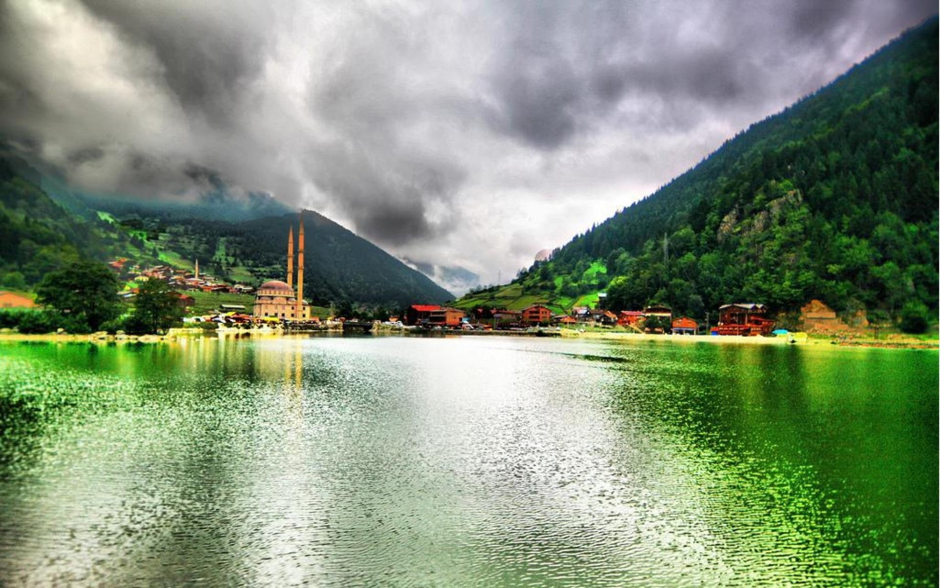 Wallpaper / mosque, 1080P, town, hdr, lake, mountains, uzungol, turkey, nature and landscapes free download