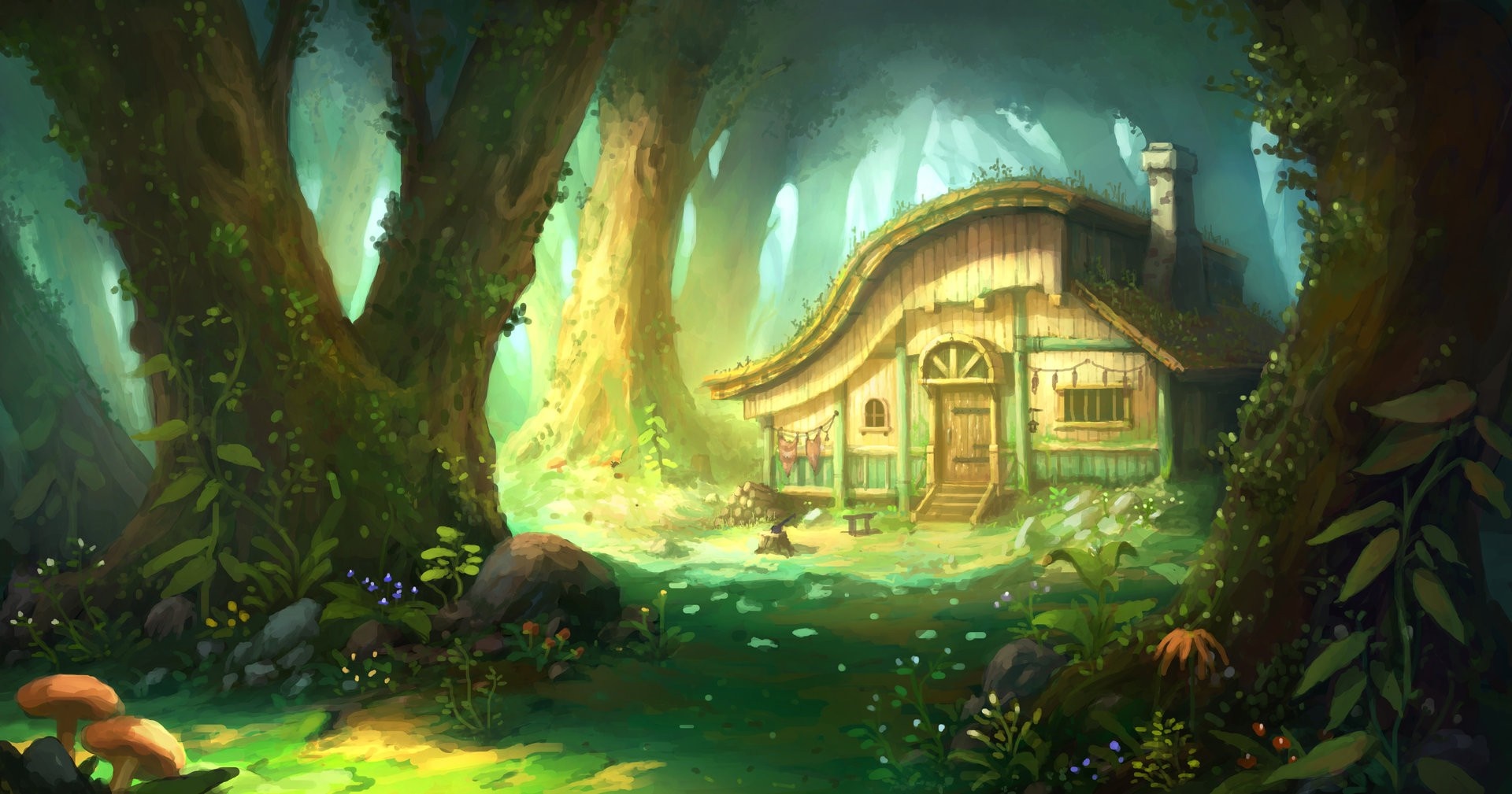 forest, fantasy art, nature, artwork, cabin, jungle, mythology, screenshot, habitat, natural environment, computer Gallery HD Wallpaper