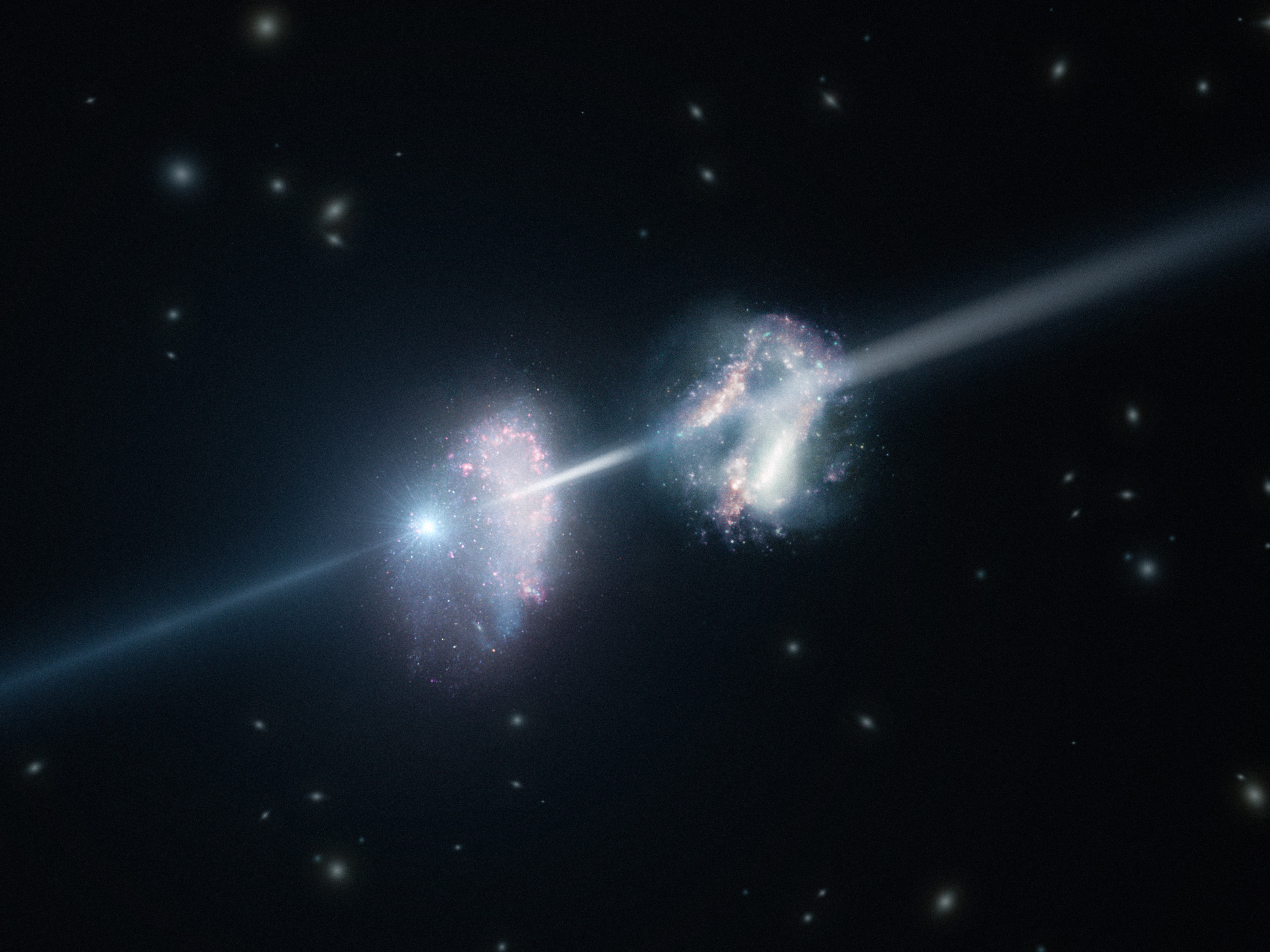 Artist's Impression Of A Gamma Ray Burst Shining Through Two Young Galaxies In The Early Universe (original)