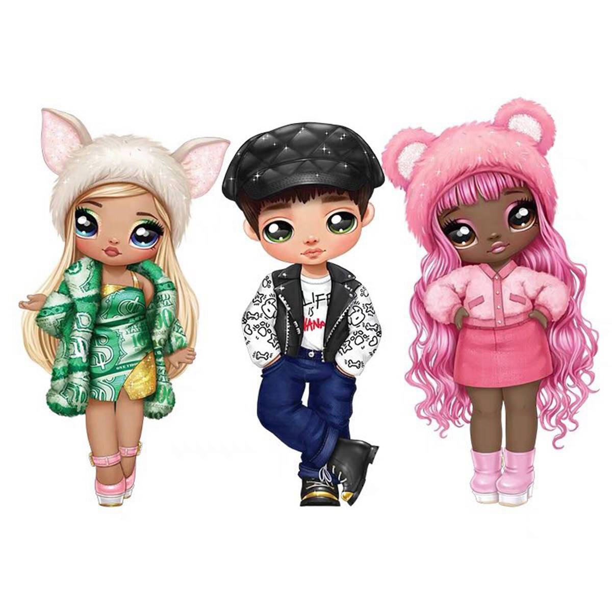 Download Three Cartoon Dolls With Different Outfits Wallpaper