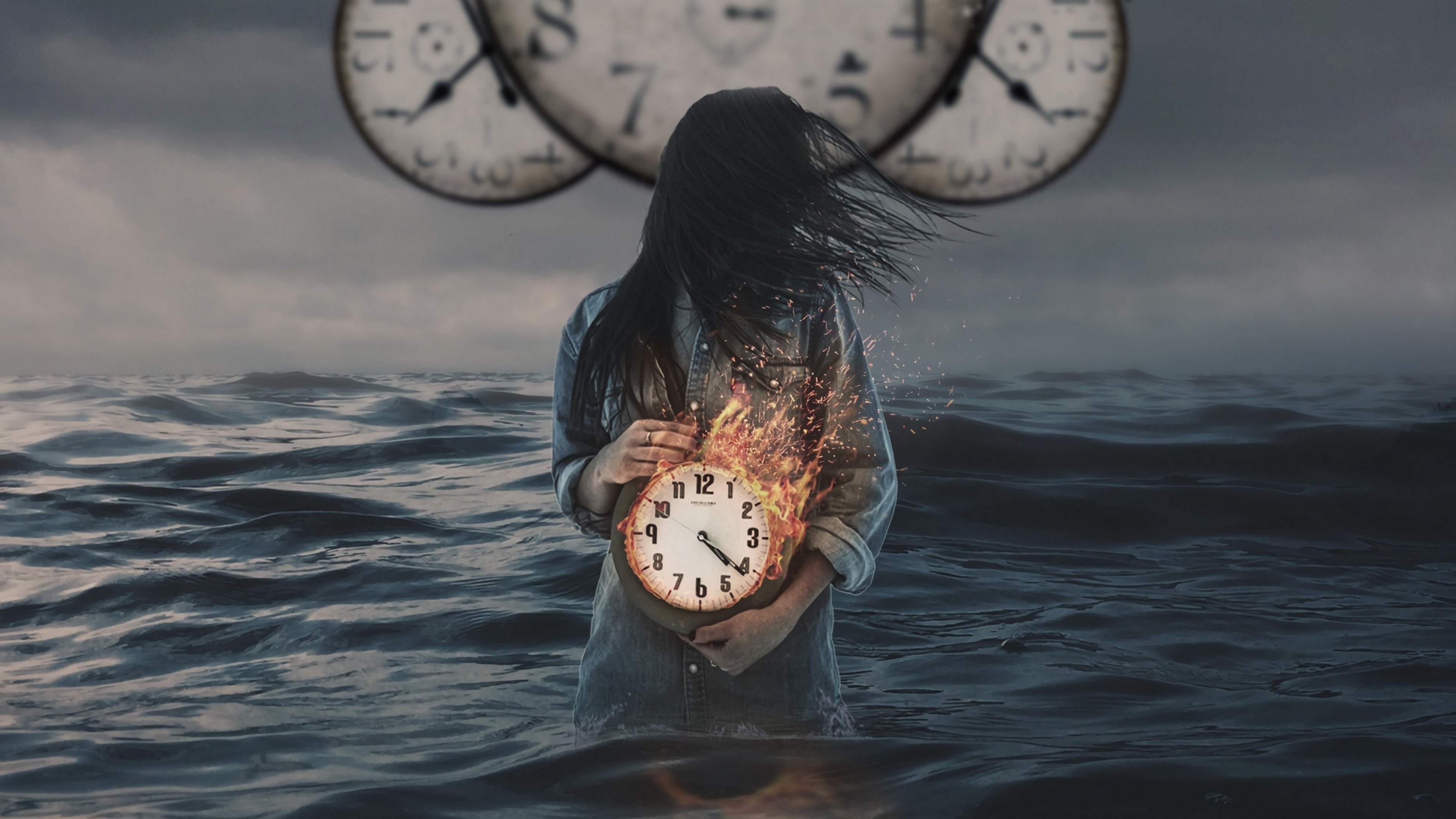 Girl with a clock inside the sea HD Wallpaper 4K Ultra HD