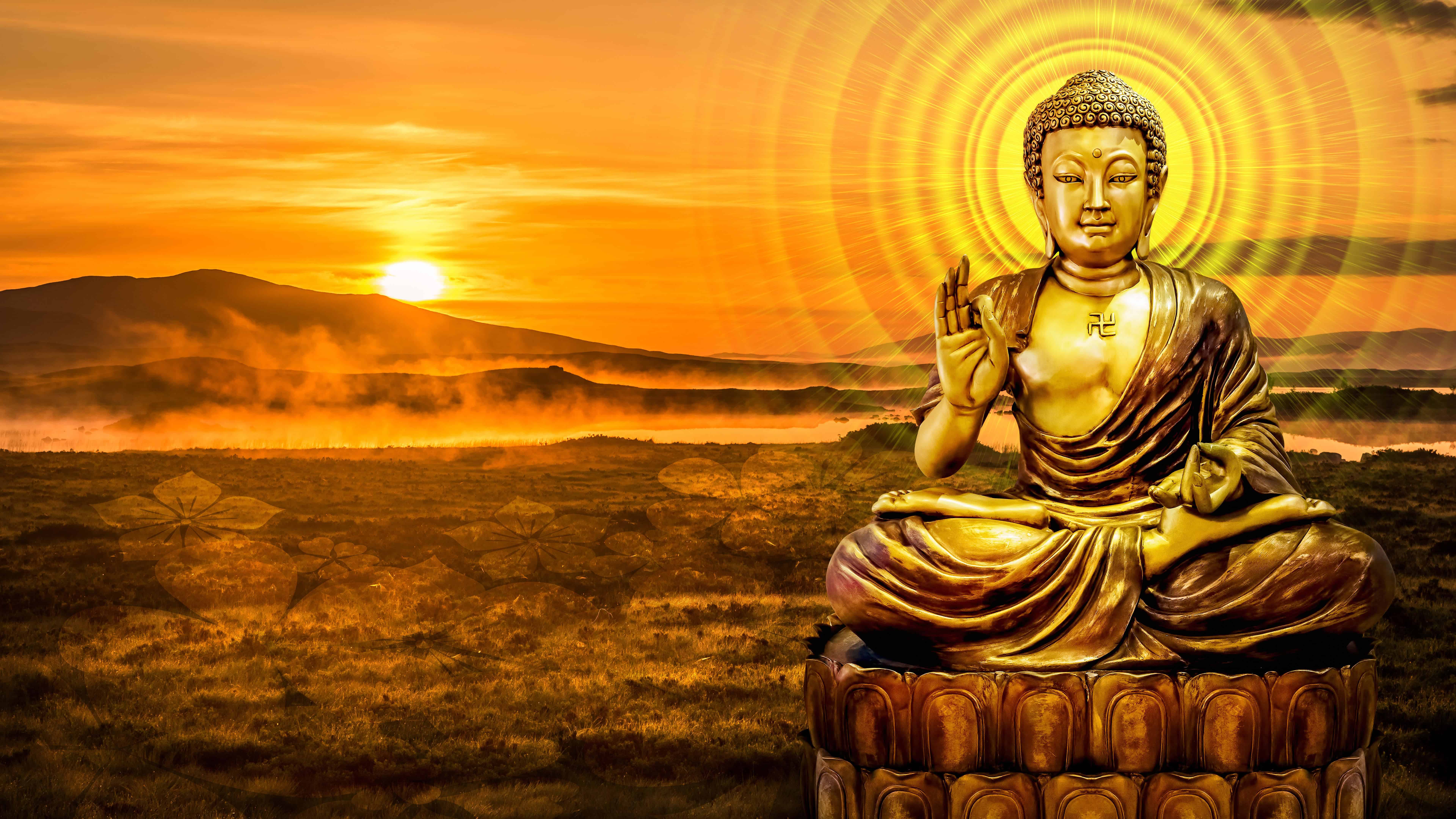 Wallpaper Gold Buddha Statue During Sunset, Background Free Image