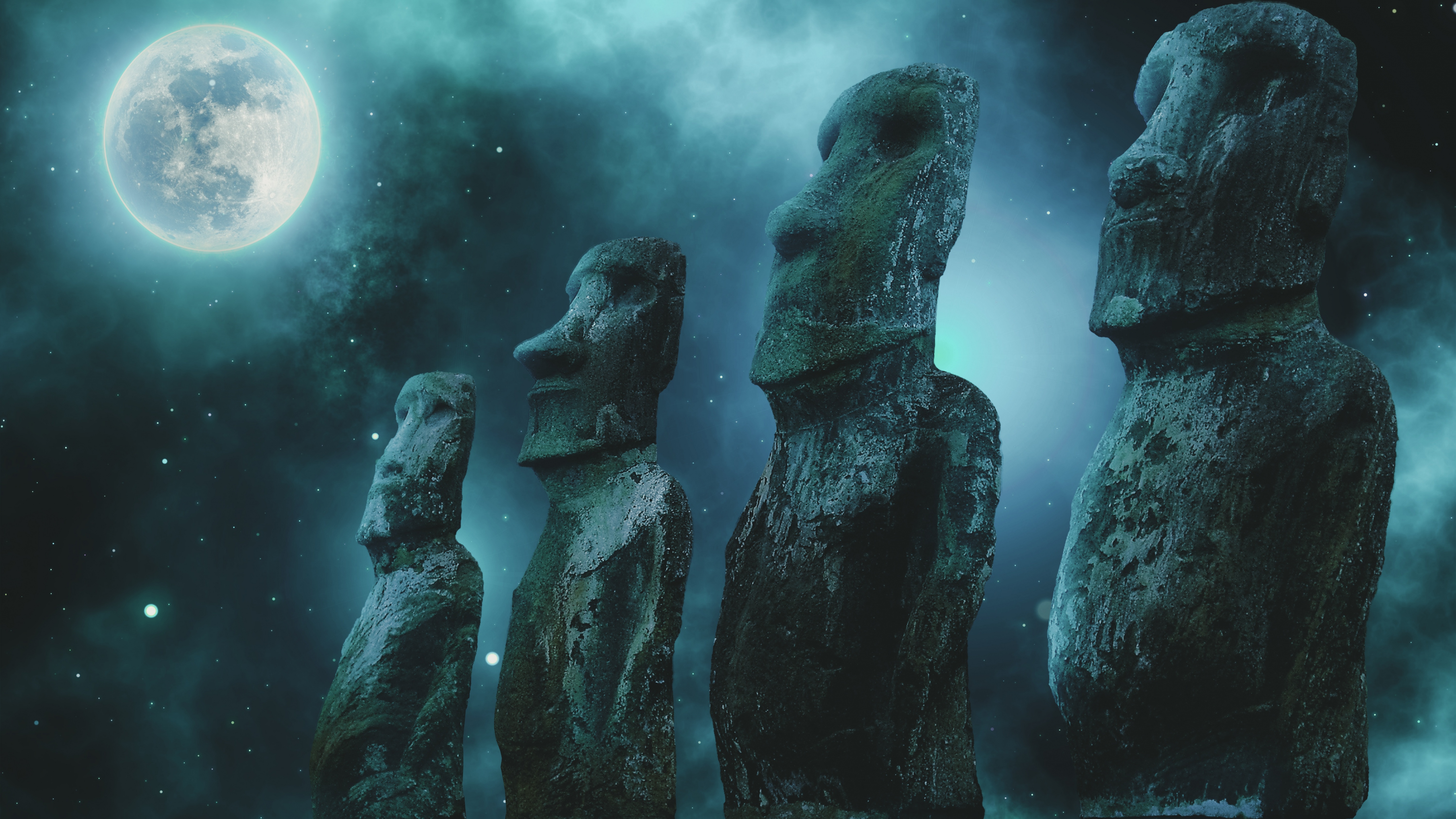 Moai statues Wallpaper 4K, Easter Island, Full moon, Stars
