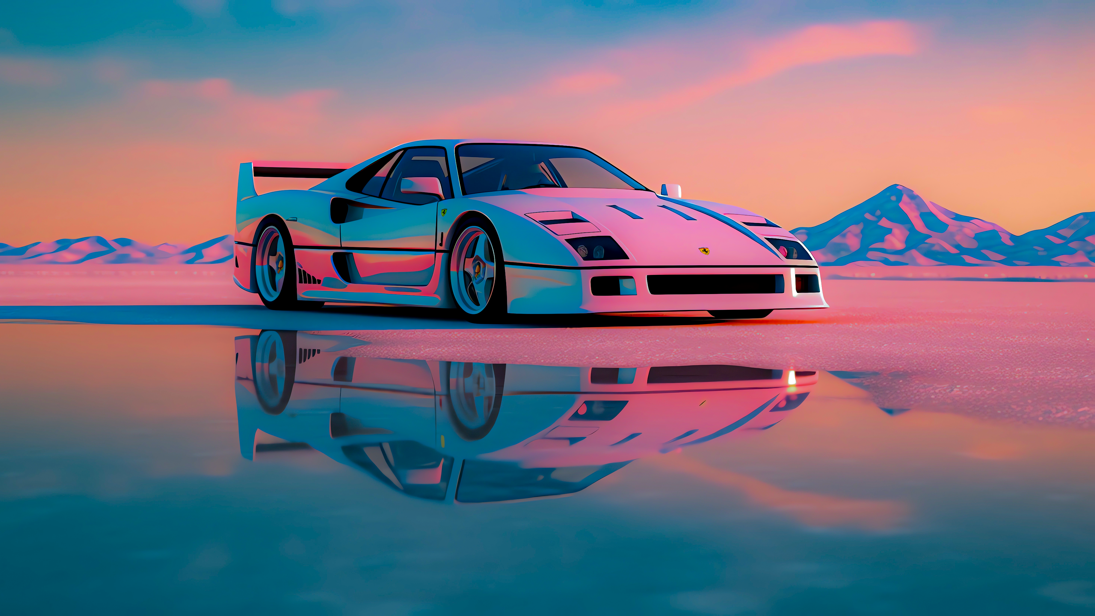 Sports Car In A Futuristic Mountain Sunset Wallpaper 8K