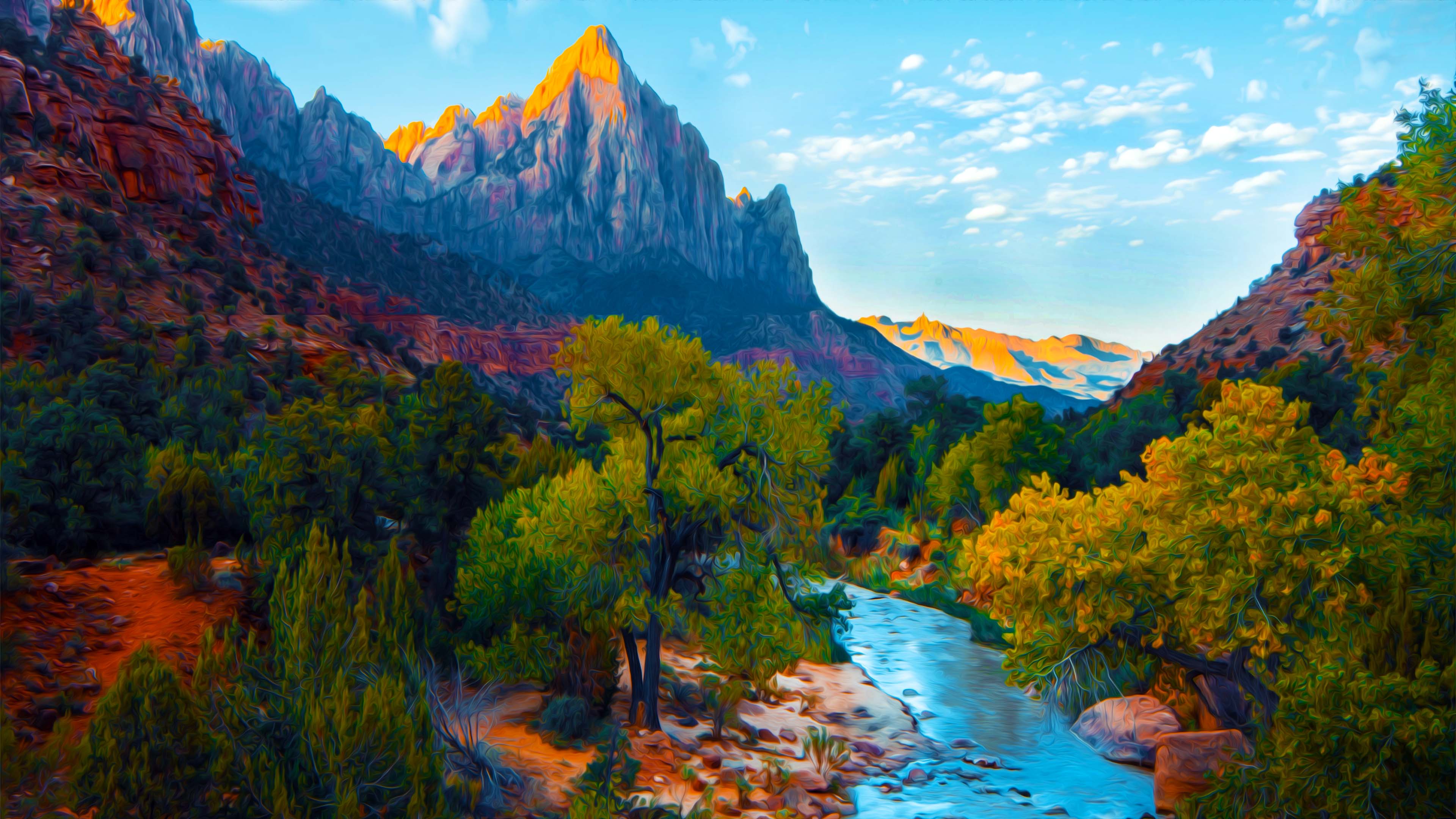 Stream Through Forest Landscape Painting 4K Wallpaper