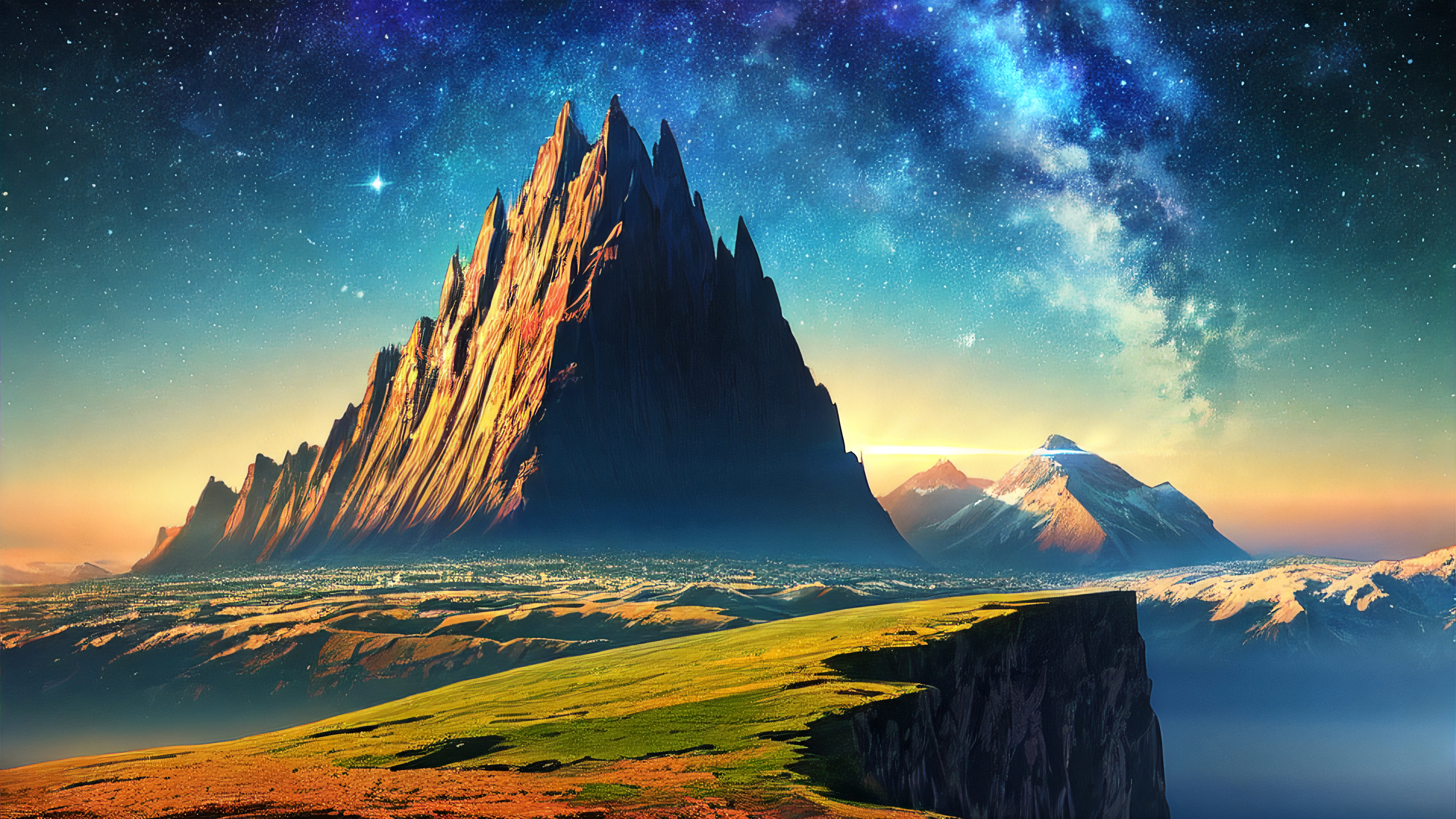 Wallpaper, Stable Diffusion, 4k, ai art, landscape, mountains, space, lens flare, digital art, illustration, stars 3840x2160