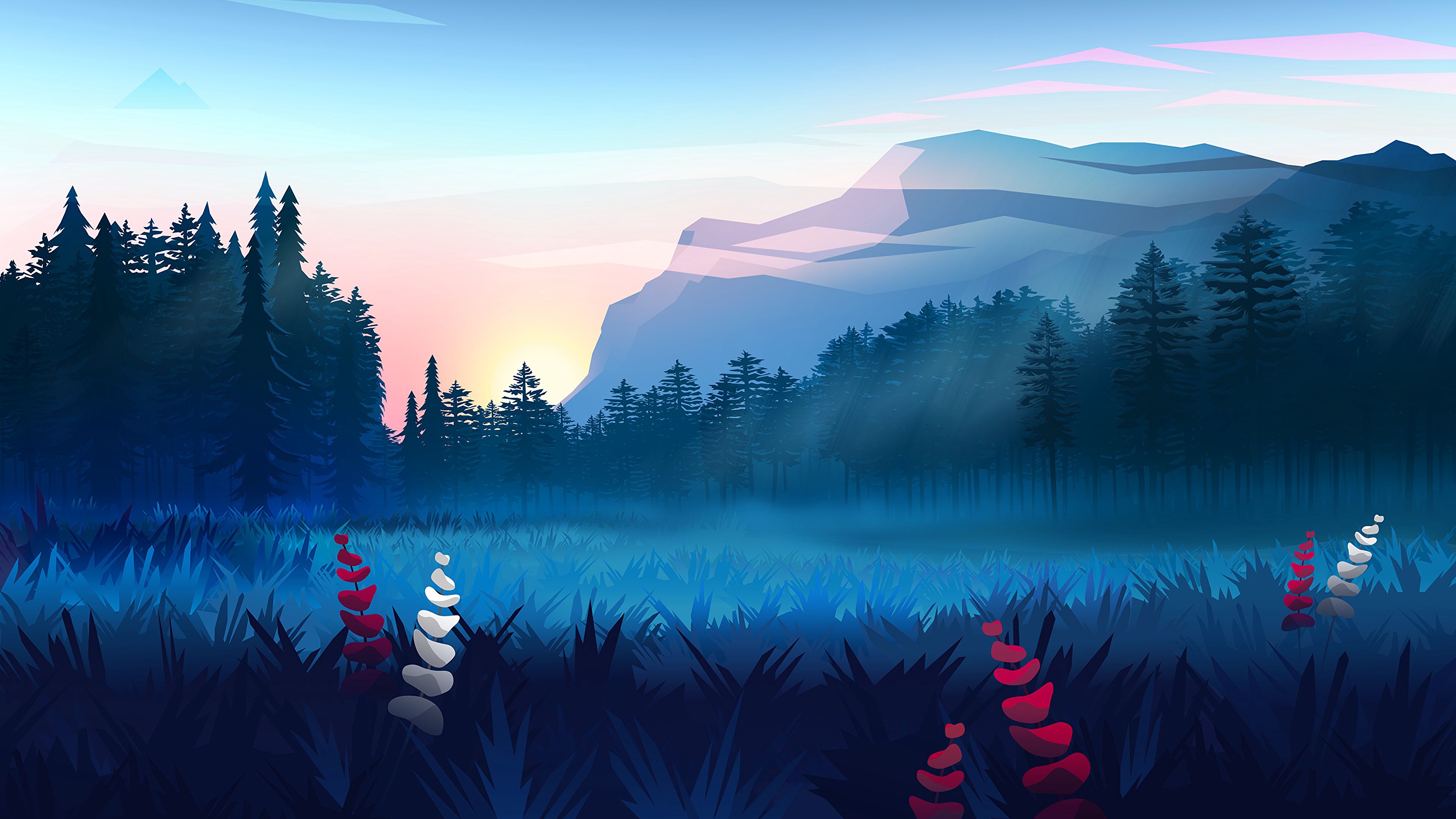Wallpaper / lawn, forest, mountains, fog, landscape, art, 4k free download