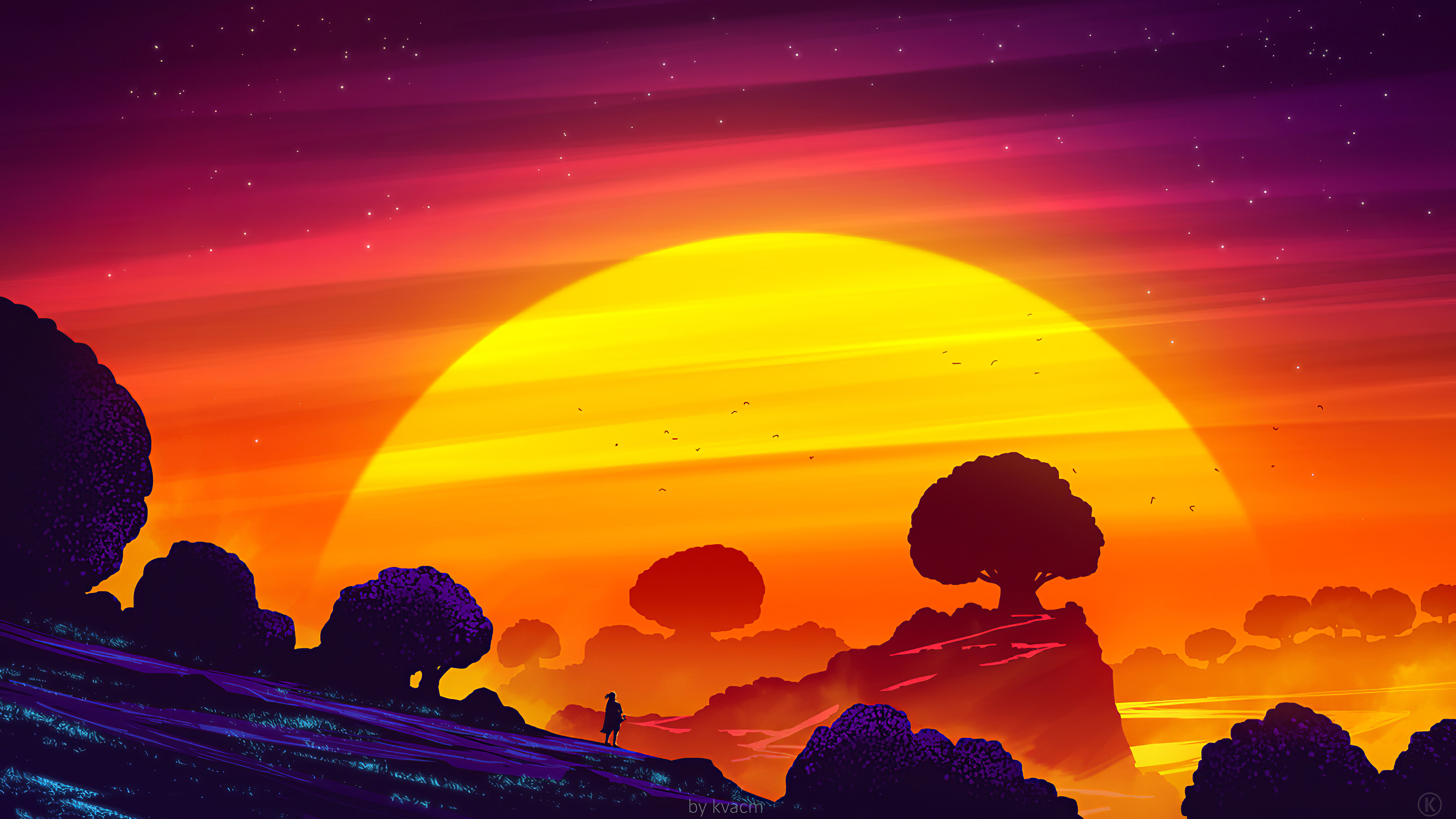 Digital Art Artwork Illustration Landscape 4K Nature Fantasy Art Sun Sunlight Trees Africa Sunset Co Wallpaper:3840x2160