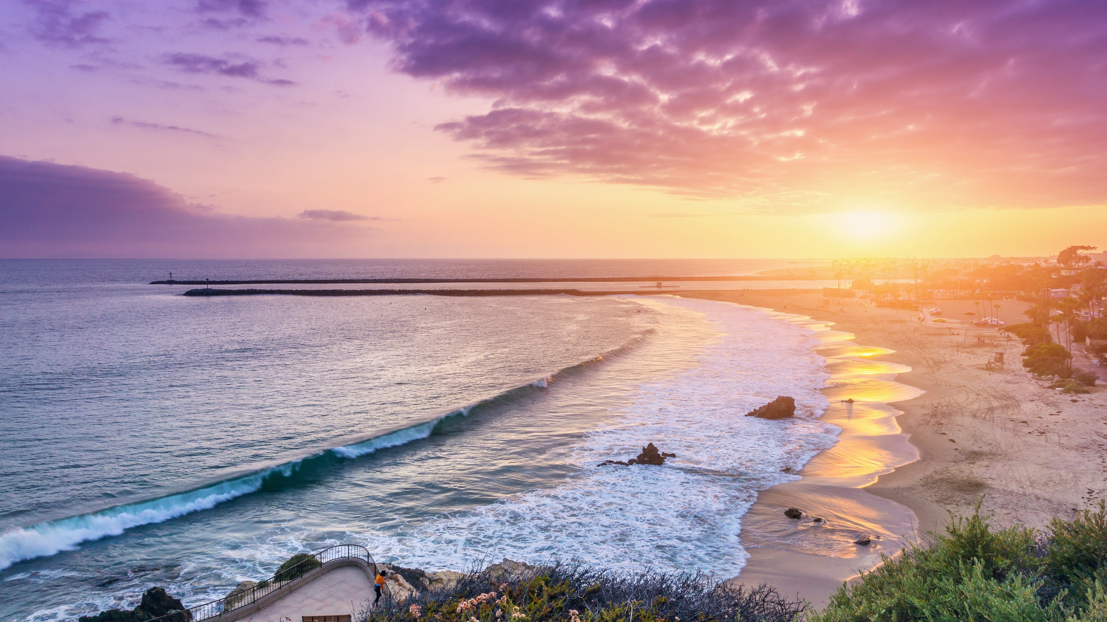 8k, travel, Corona Del Mar, Best Beaches in the World, sunrise, 5k, 4k, California. USA, tourism, sea, sunset Gallery HD Wallpaper