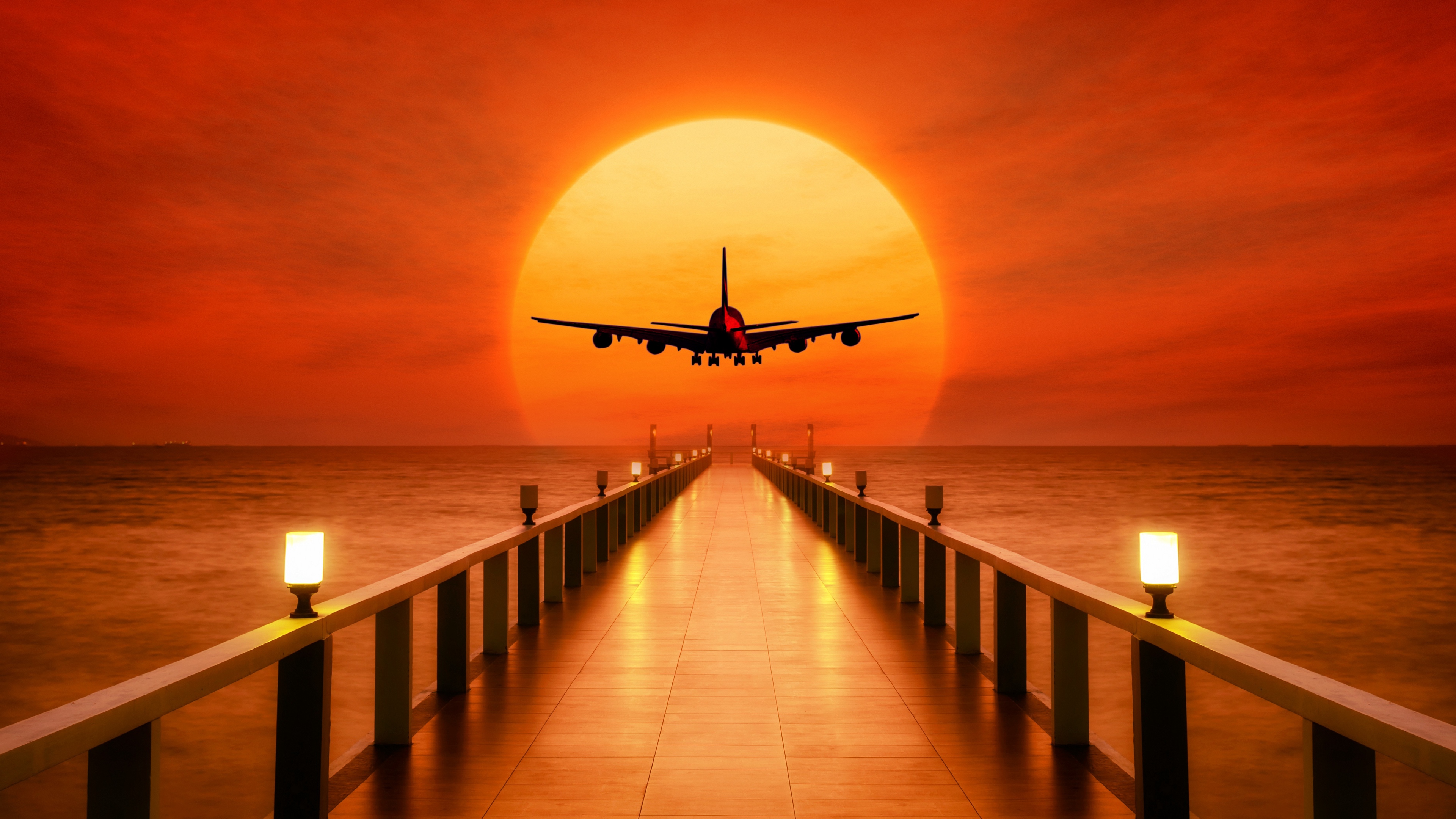 Wallpaper 4k airplane, photohop, sunset, wharf 4k Wallpaper