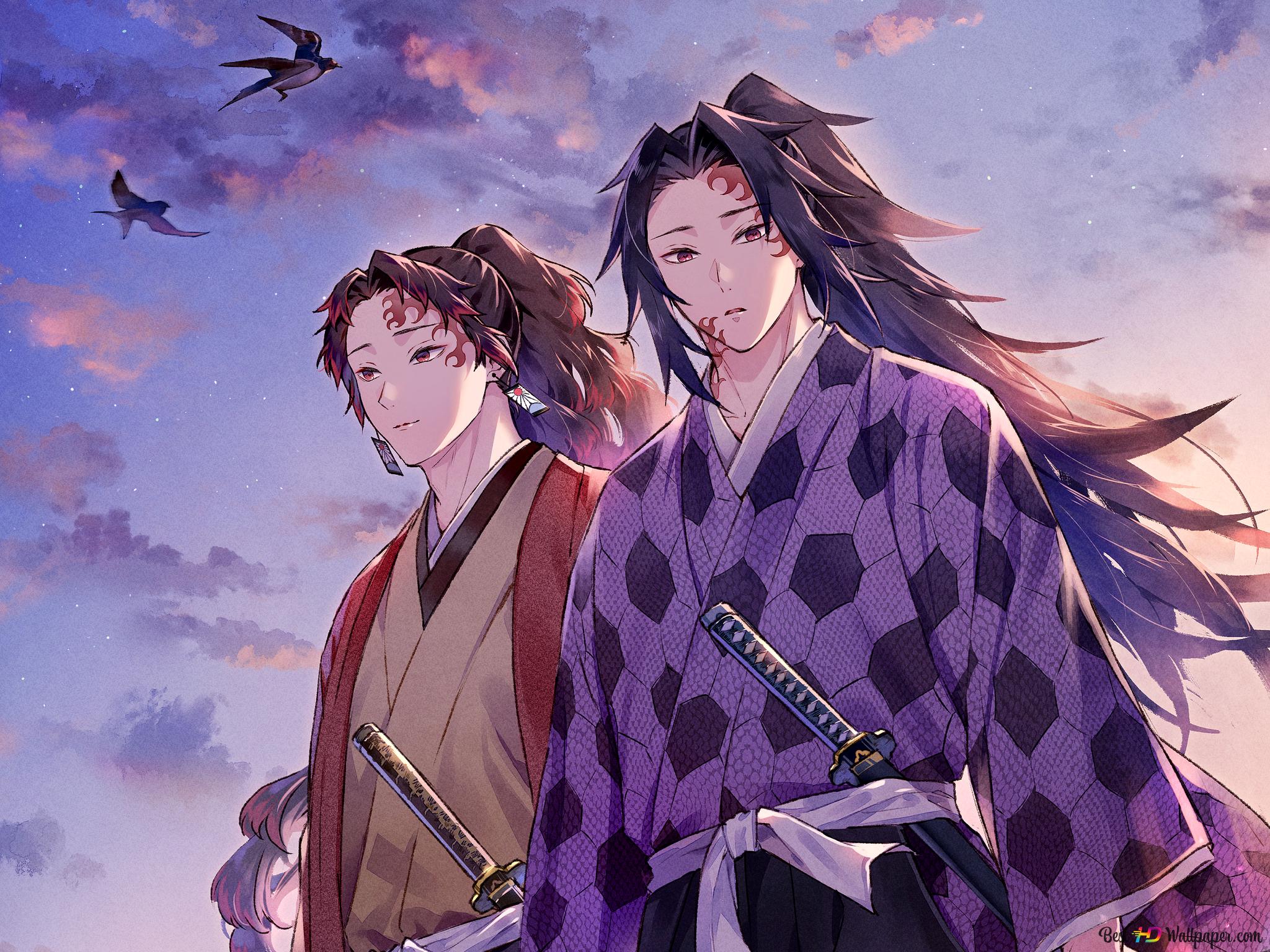 Yoriichi tsugikuni sun breathing and michikatsu tsugikuni moon breathing 2K wallpaper download