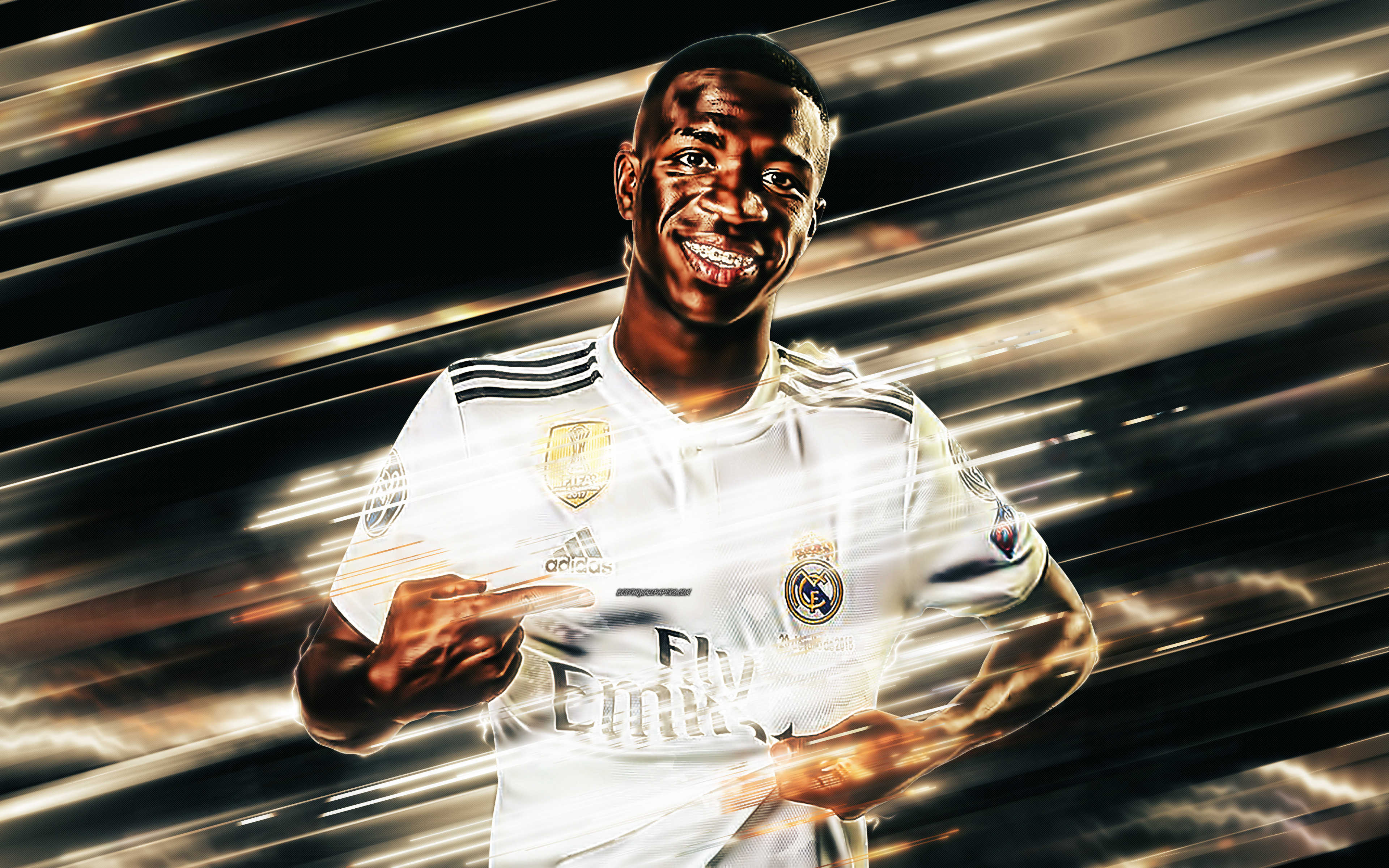 Download wallpaper Vinicius Junior, 4k, creative art, blades style, Real Madrid, Brazilian footballer, La Liga, Spain, gray creative background, football for desktop with resolution 3840x2400. High Quality HD picture wallpaper