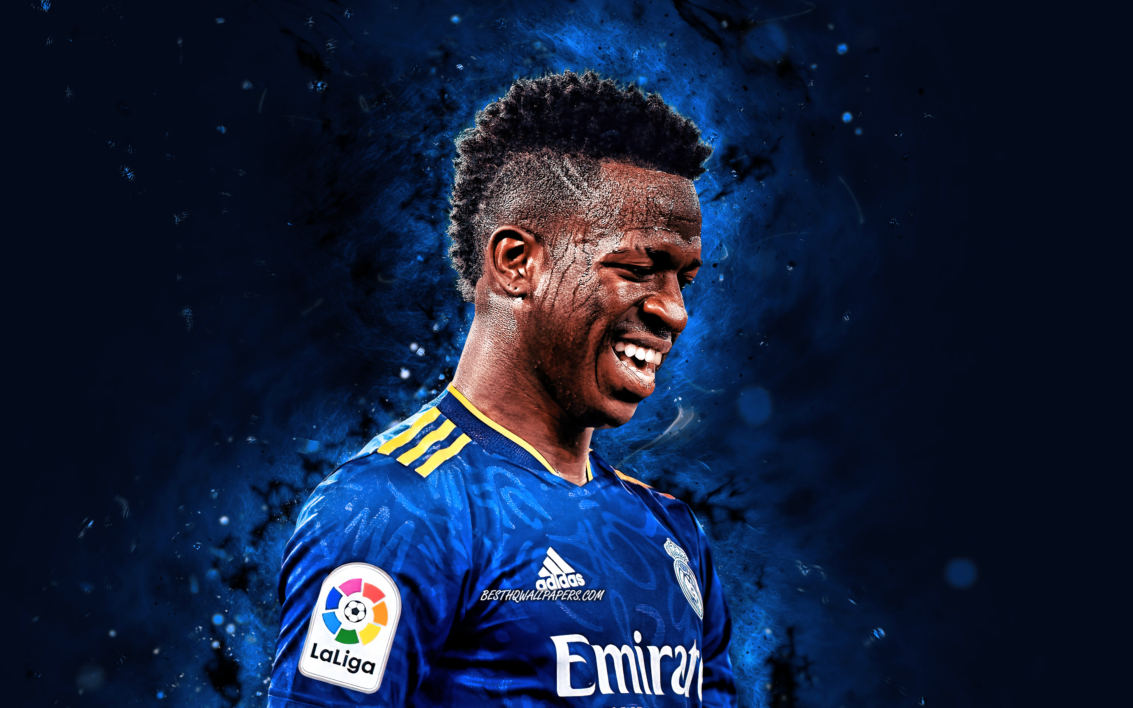 Download wallpaper Vinicius Junior, 4k, blue uniform, 2021, Real Madrid FC, brazilian footballers, La Liga, blue neon lights, soccer, football, Real Madrid CF, LaLiga, Vinicius Junior 4K, Vinicius Junior Real Madrid for