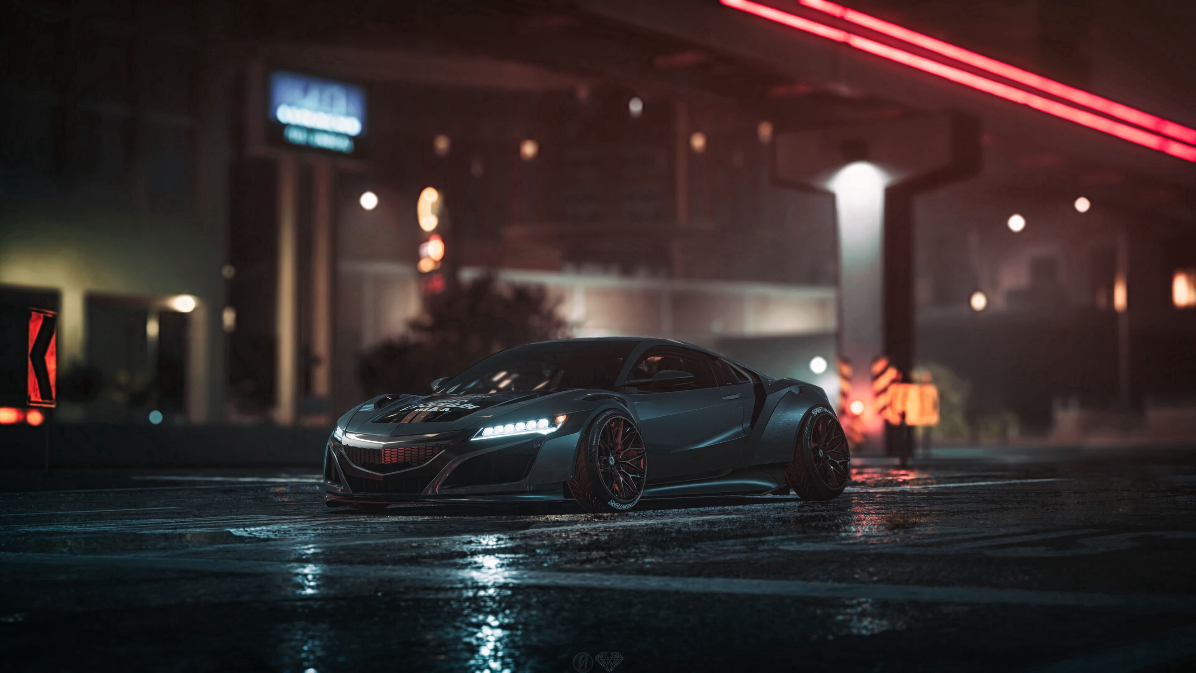 Wallpaper / car, sportscar, gray, night, asphalt, wet, 4k free download
