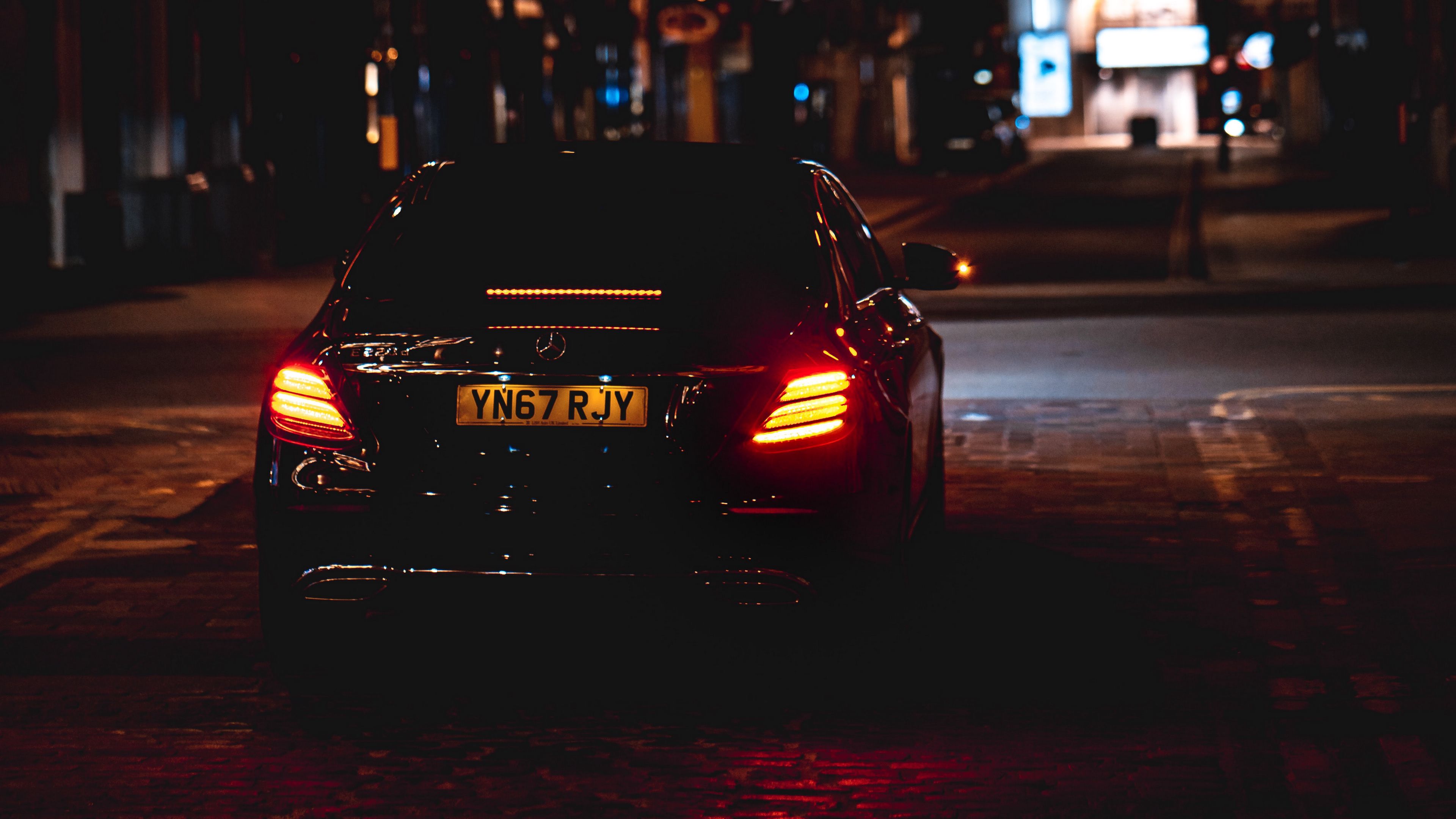 Download wallpaper 3840x2160 mercedes, car, black, road, city, night 4k uhd 16:9 HD background