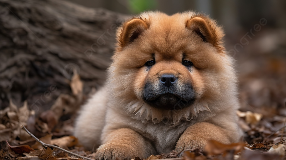 Brown Chubby Puppy Laying On Leaves In The Woods Background, Chow Puppy Picture Background Image And Wallpaper for Free Download