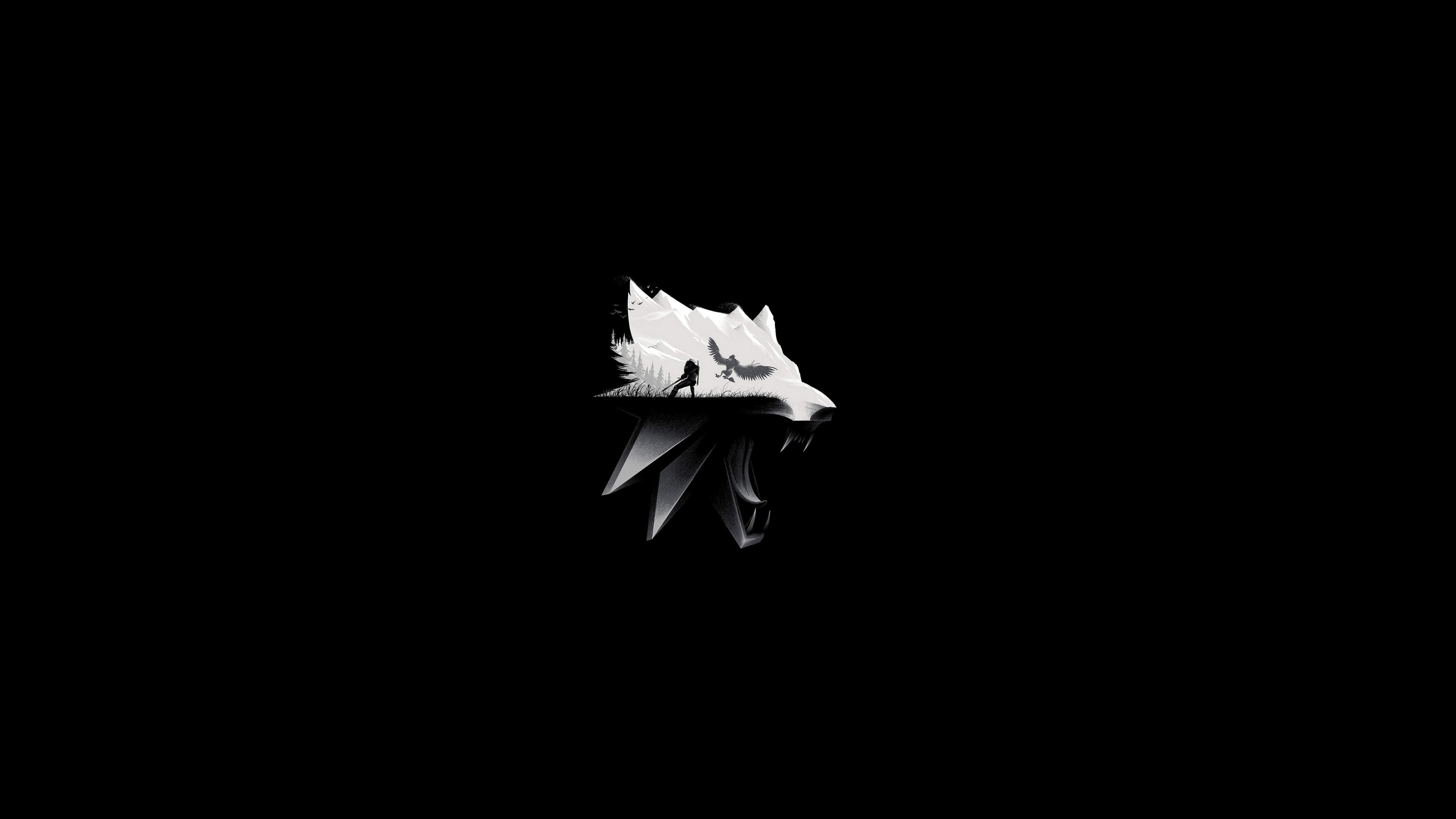 Wallpaper / artwork, white, 4K, black, minimalism, wolf, digital art, video games, The Witcher, PC gaming free download