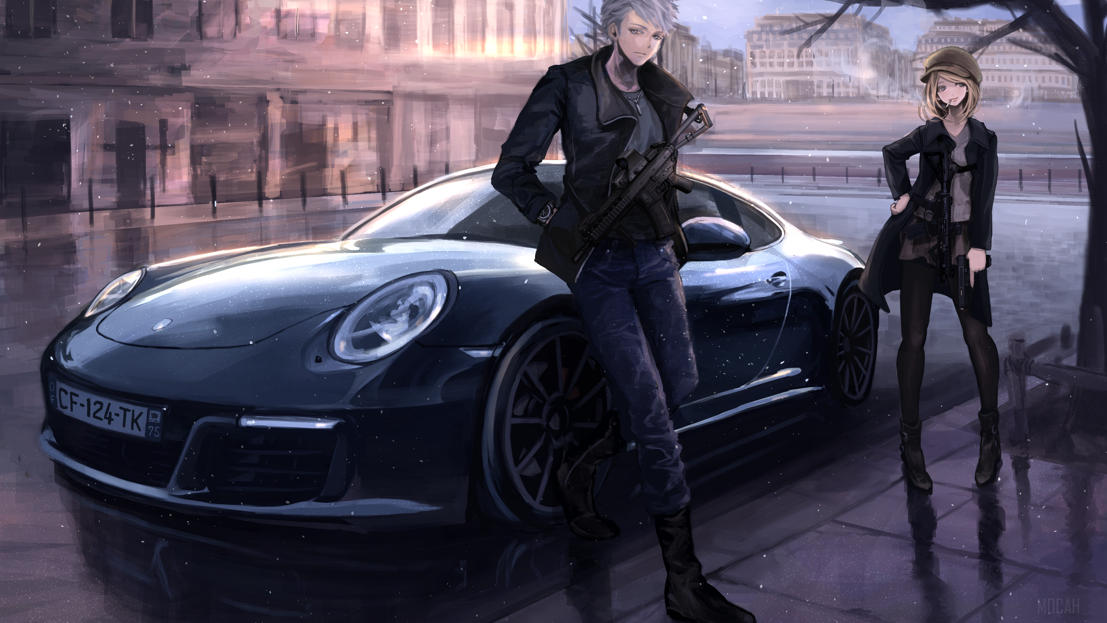 Anime, Blonde, Boy, Car, Girl, Gun, Original, Pantyhose, Short Hair, Weapon, White Hair 4k Gallery HD Wallpaper