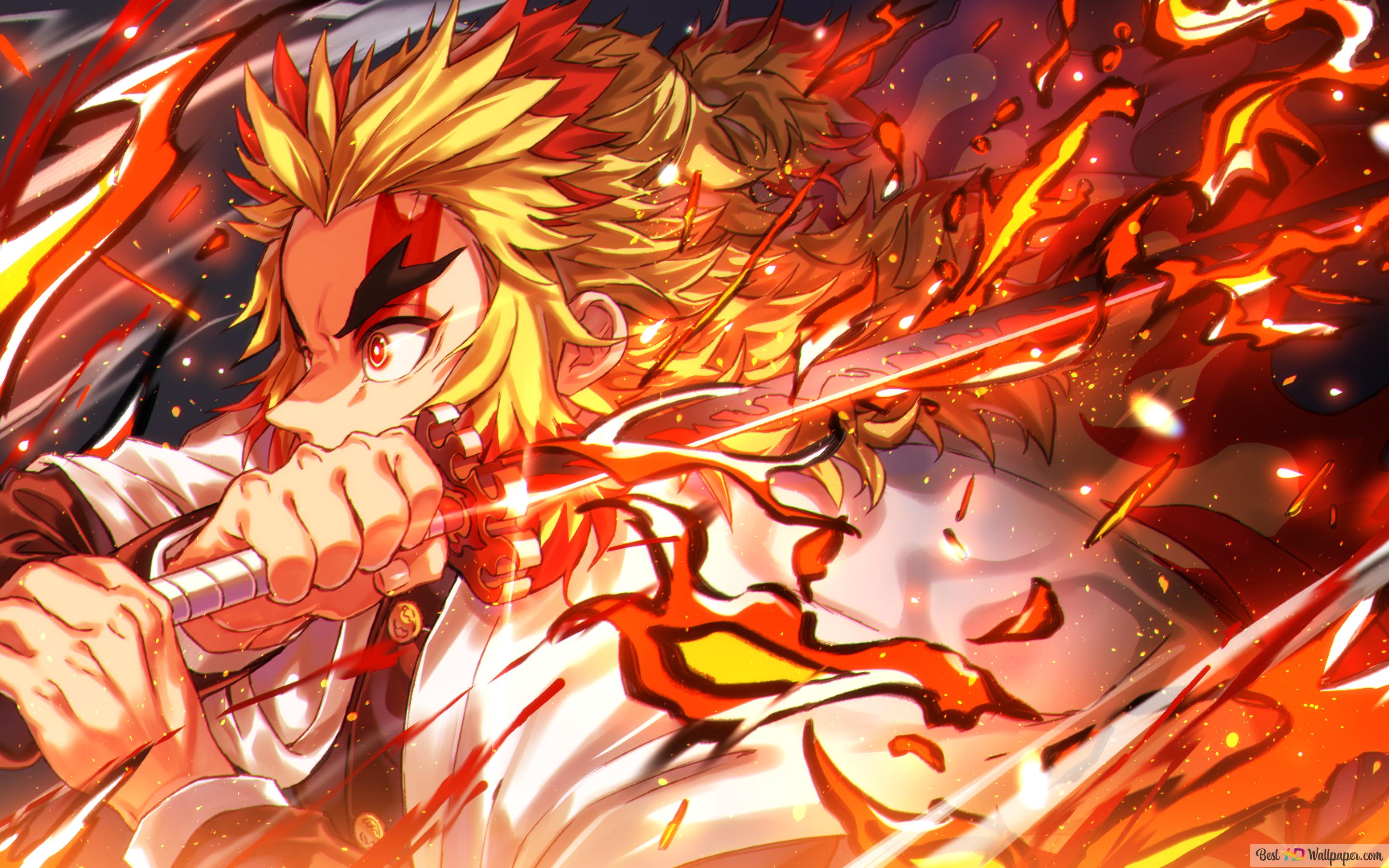 Demon slayer: kimetsu no yaiba kyojuro rengoku swing a sword 4K wallpaper download