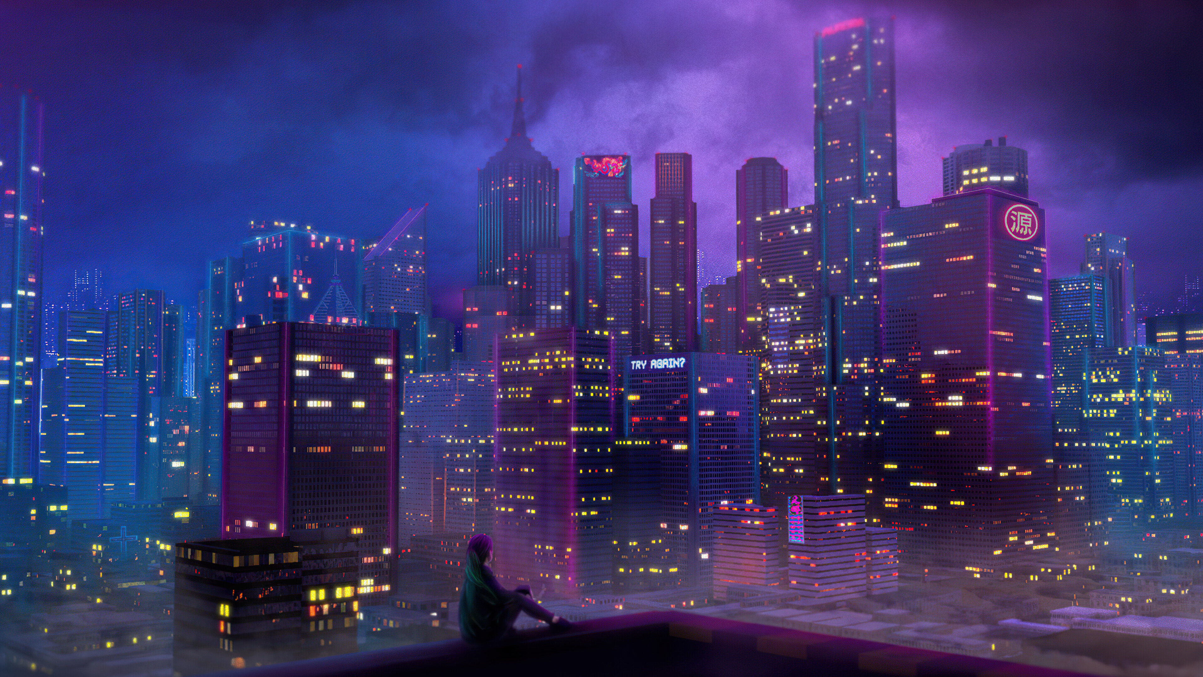 Wallpaper, digital art, artwork, illustration, concept art, environment, women, alone, loneliness, dark, city lights, architecture, building, sky, landscape, cityscape, urban, night, skyscraper, tower, neon, synthwave, vaporwave 3840x2160