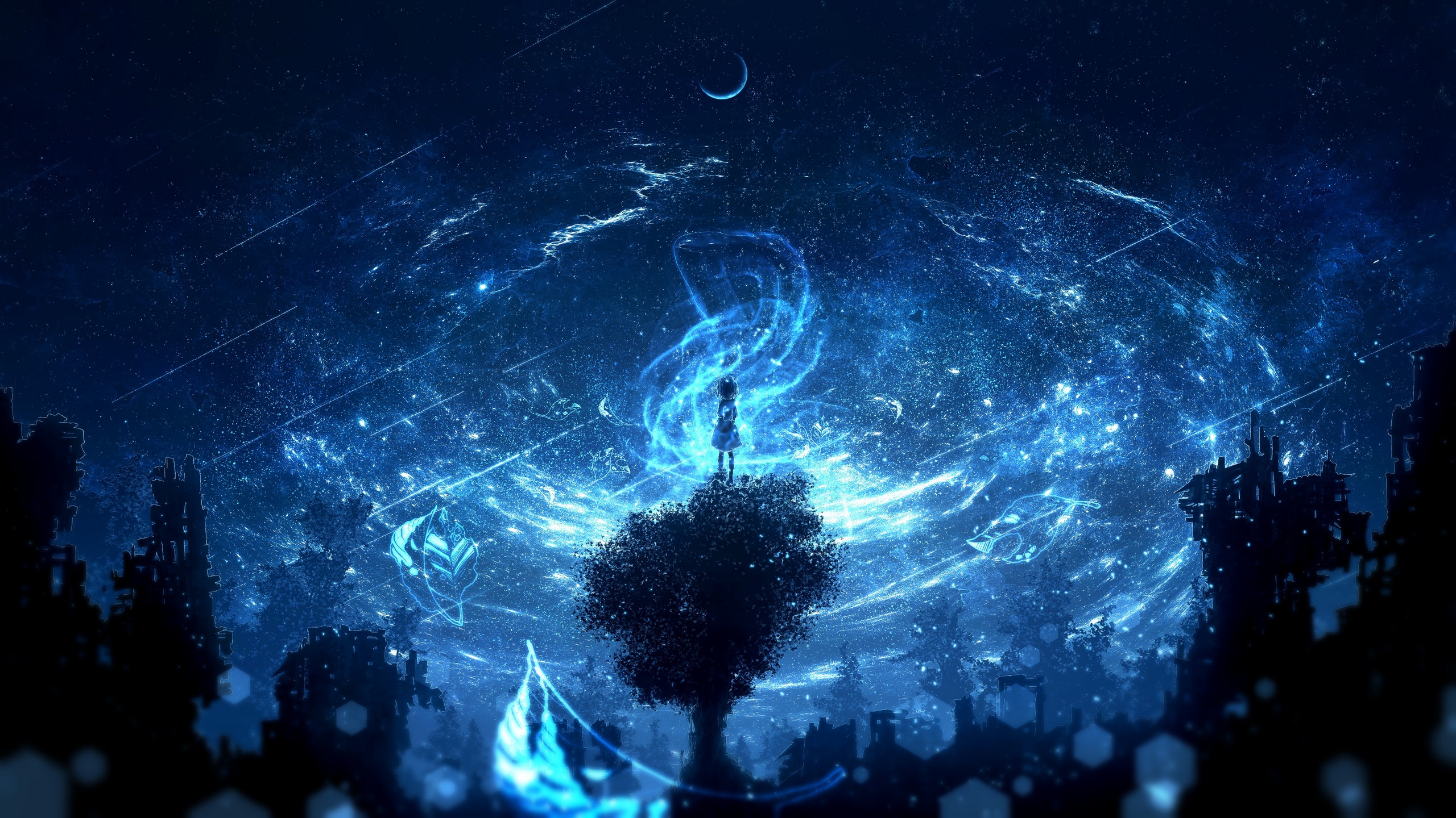 Wallpaper / anime, anime girls, women, fantasy art, fantasy girl, night, sky, night sky, Moon, landscape, trees, magic, starry night, galaxy, digital art, artwork, illustration, concept art, blue free download