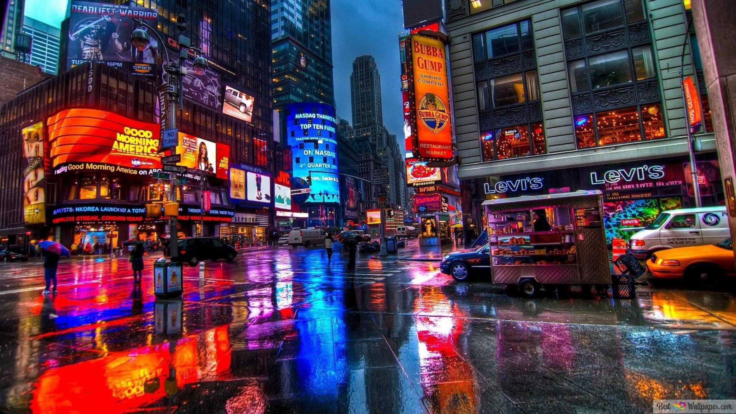 Reflection, manhattan, times square, new york, neon sign 4K wallpaper download