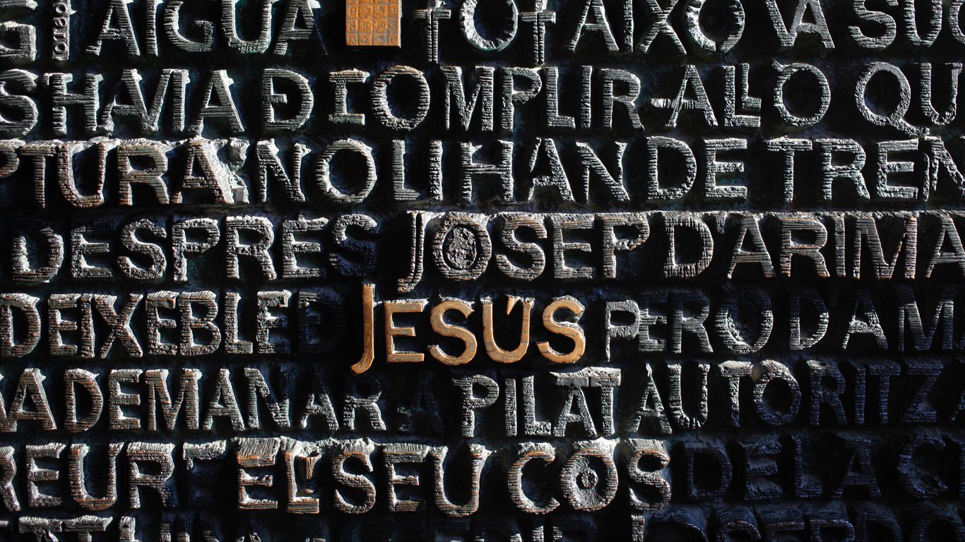 Download wallpaper 1366x768 jesus, god, religion, faith, inscription, wall tablet, laptop HD background