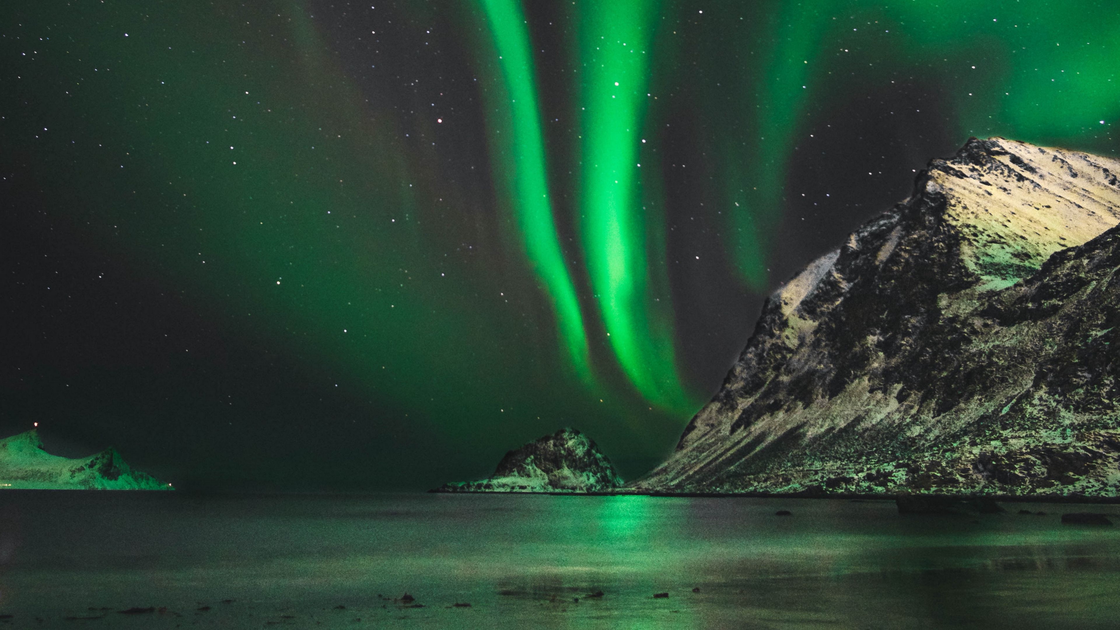 Wallpaper / northern lights, aurora, mountain, snow, ice, norway, 4k free download