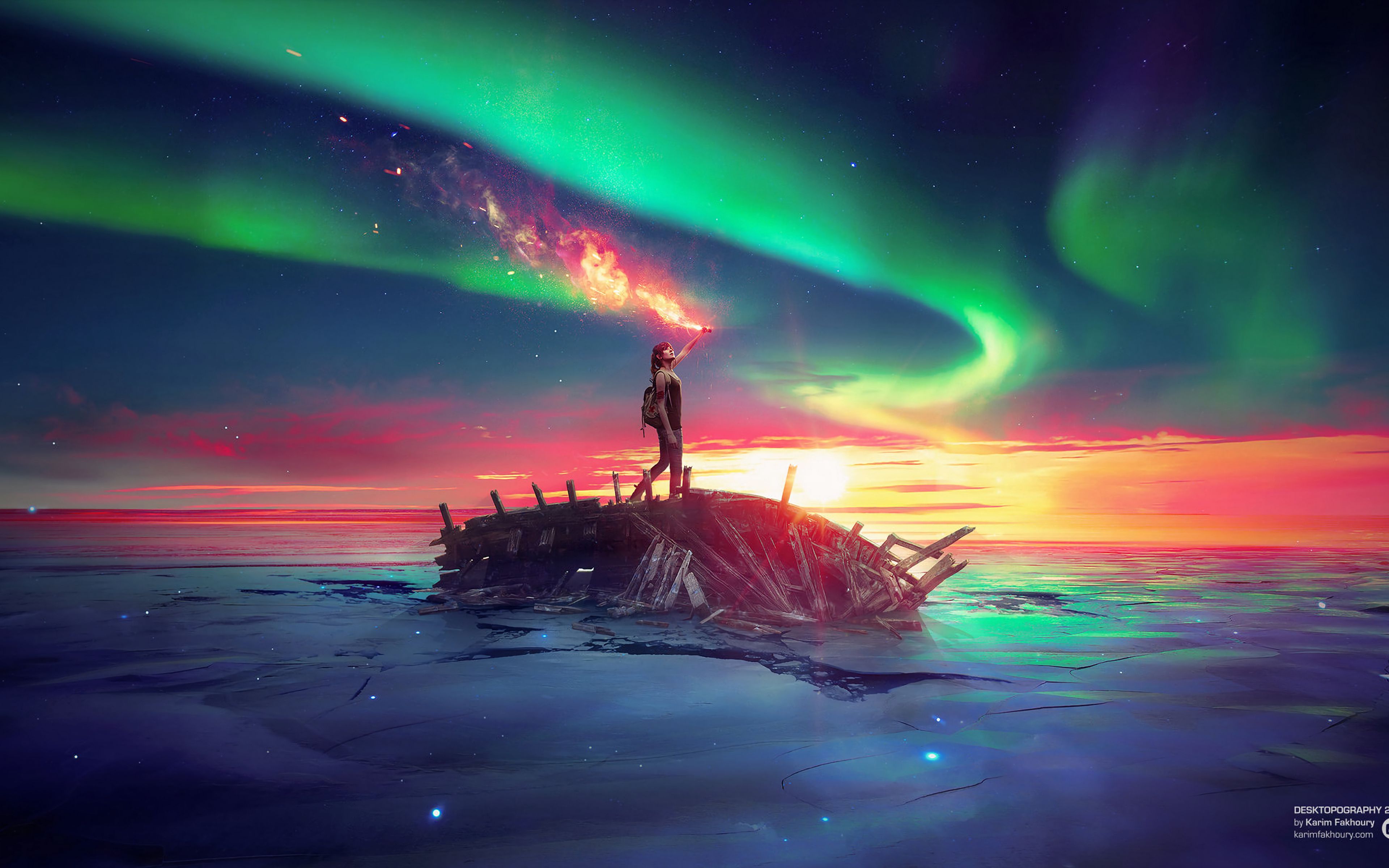 Download wallpaper 3840x2400 northern lights, photohop, girl, ruins, lake 4k ultra HD 16:10 HD background