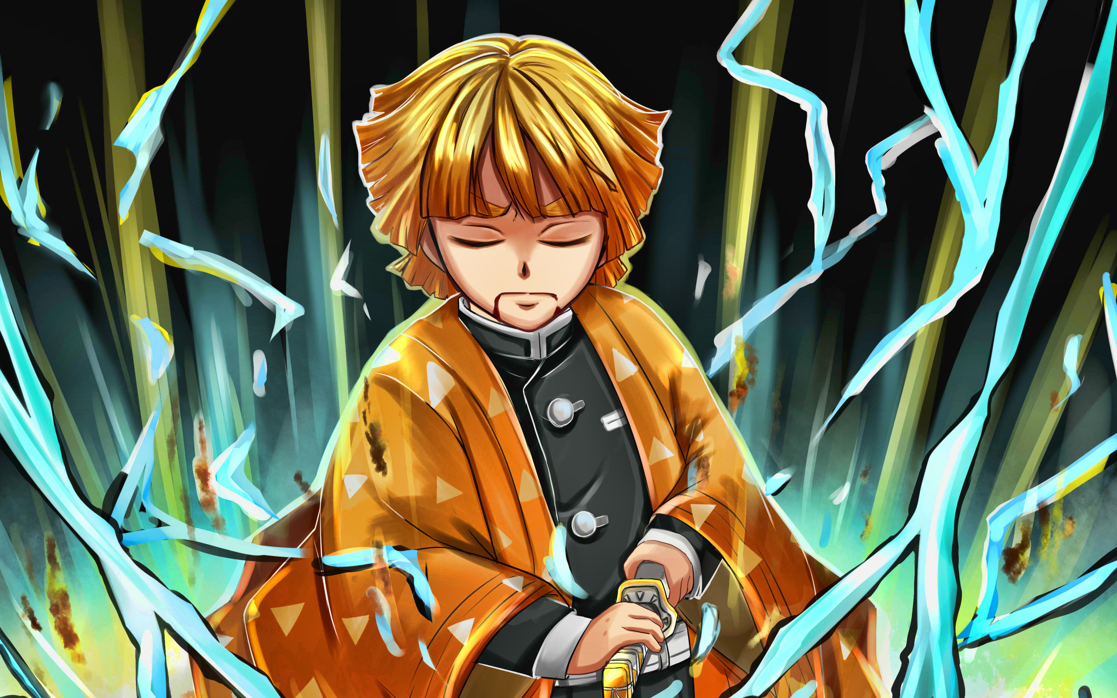 Download wallpaper 4k, Zenitsu Agatsuma, blue lightings, Demon Hunter, samurai, Kimetsu no Yaiba, Demon Slayer, warrior, manga, Zenitsu Agatsuma with sword for desktop with resolution 3840x2400. High Quality HD picture wallpaper