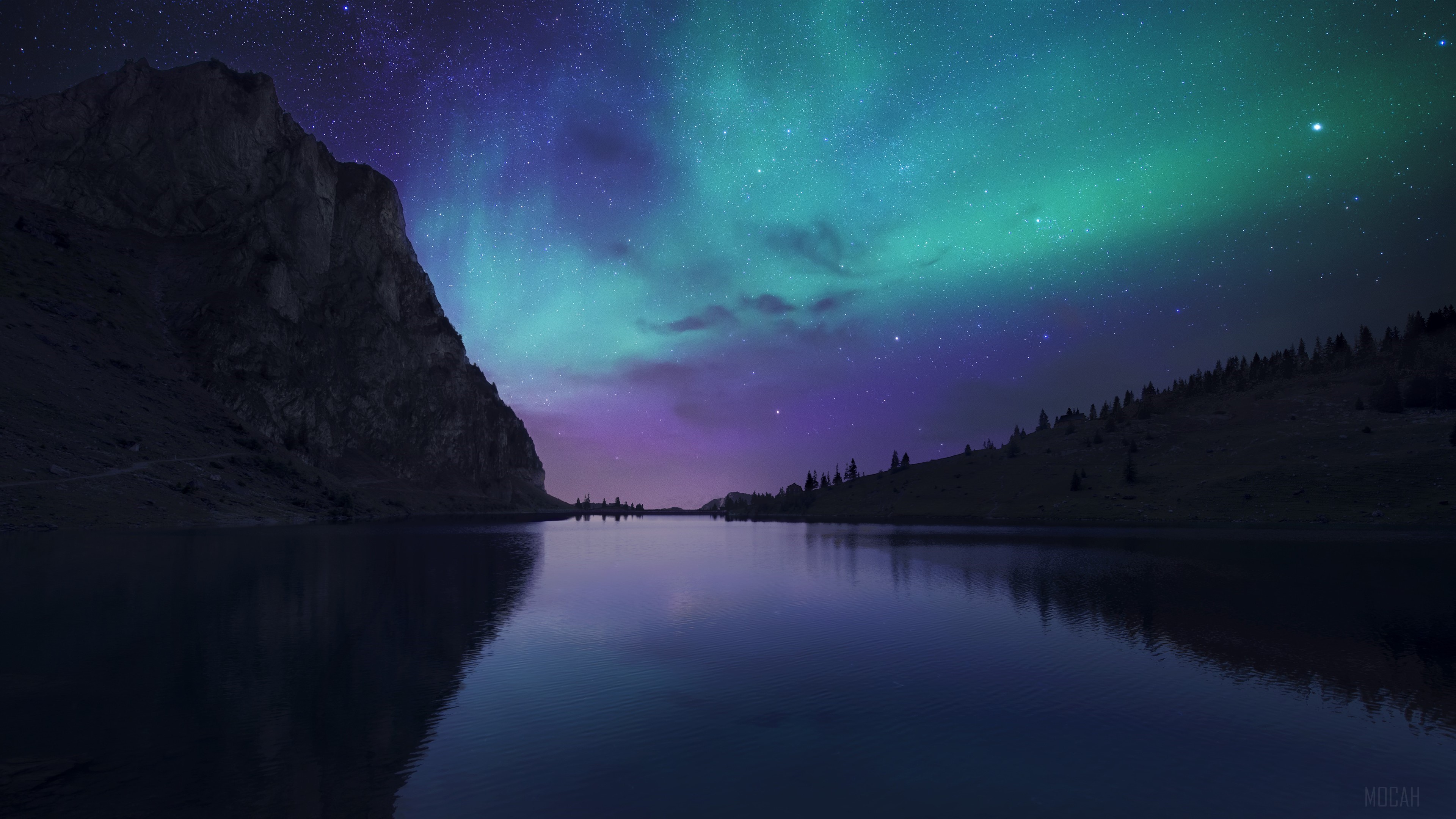 Lake Cyan Calm Water Reflection Northern Lights 4k Gallery HD Wallpaper