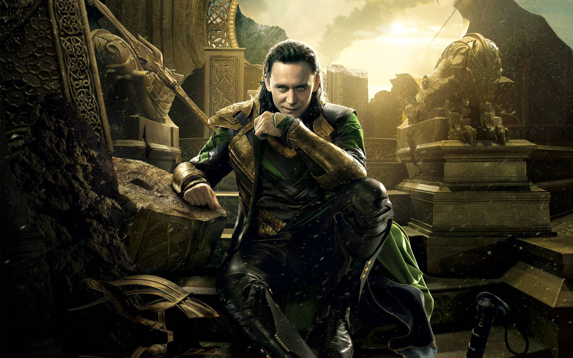 Download Loki, The Trickster God, Sitting on a Ruined Throne Wallpaper