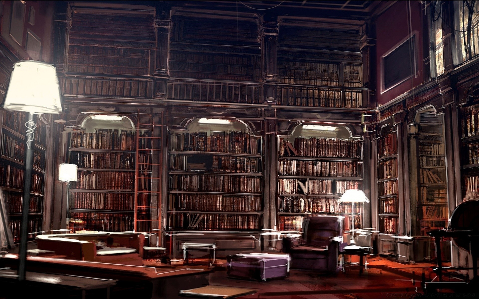 A huge library lined with bookcases with books