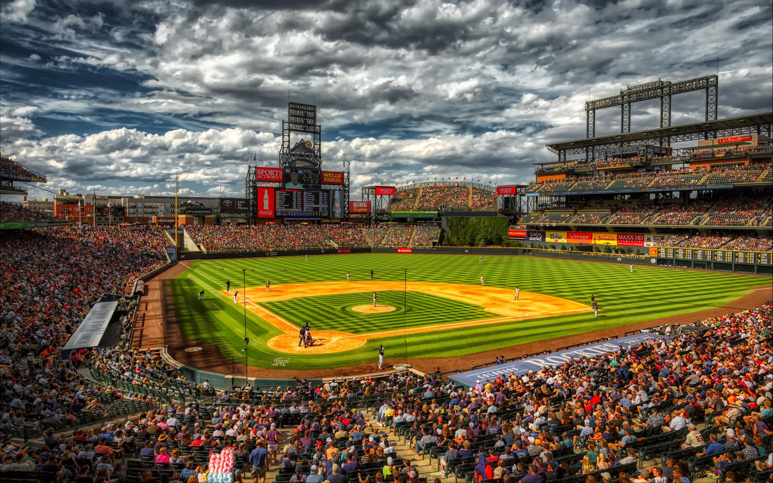 View of the baseball field covered with dark clouds by the arena 4K wallpaper download