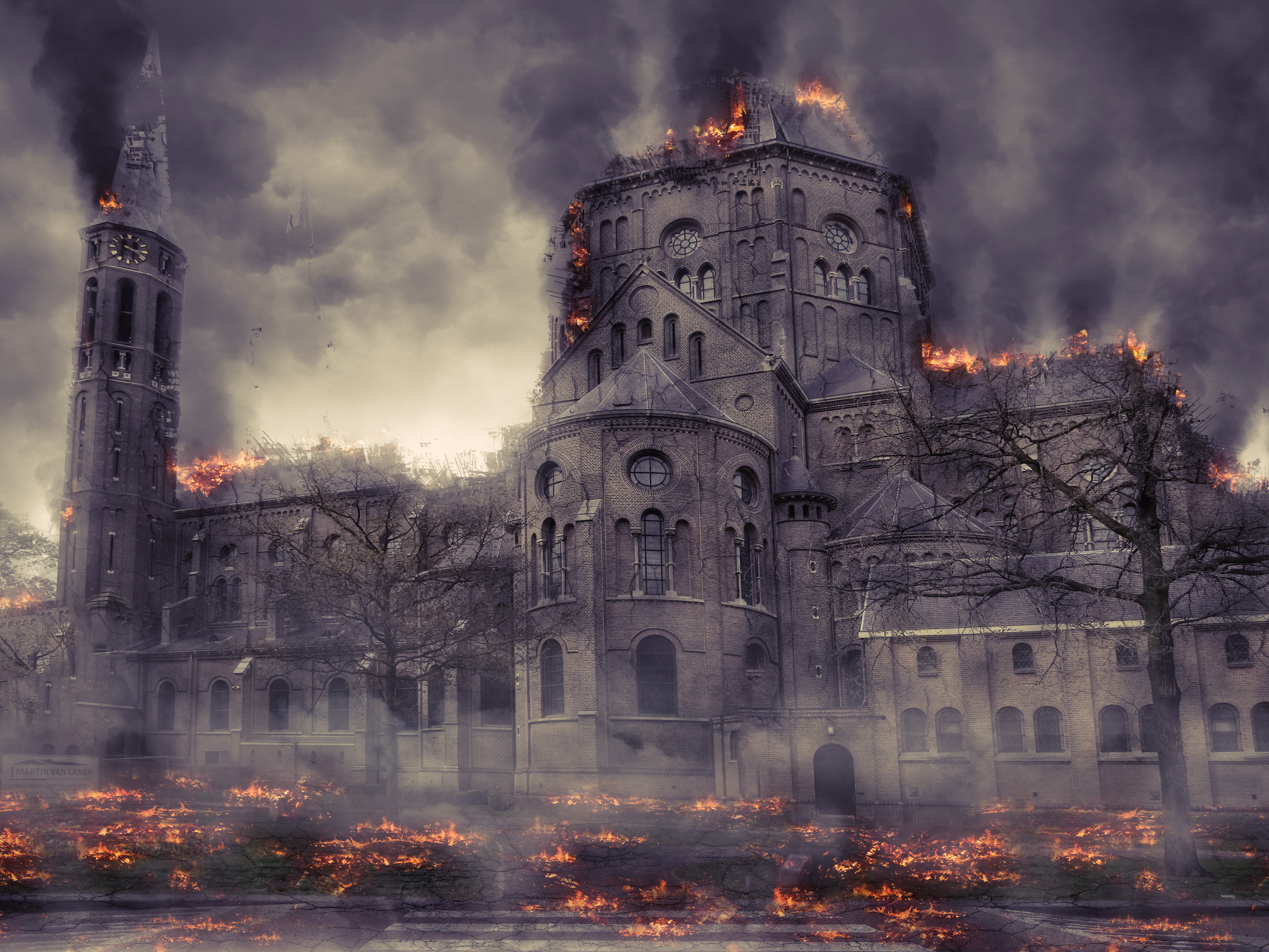 Free Image, church, burning, sky, landmark, castle, building, phenomenon, evening, atmosphere, morning, cloud, tourist attraction, city, tree, dusk, computer wallpaper, smoke, tower, metropolis, landscape, dawn, medieval architecture, night, chateau