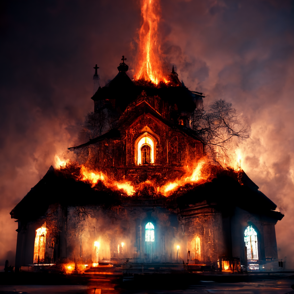 prompthunt: realistic burning church big flames dark realistic photo