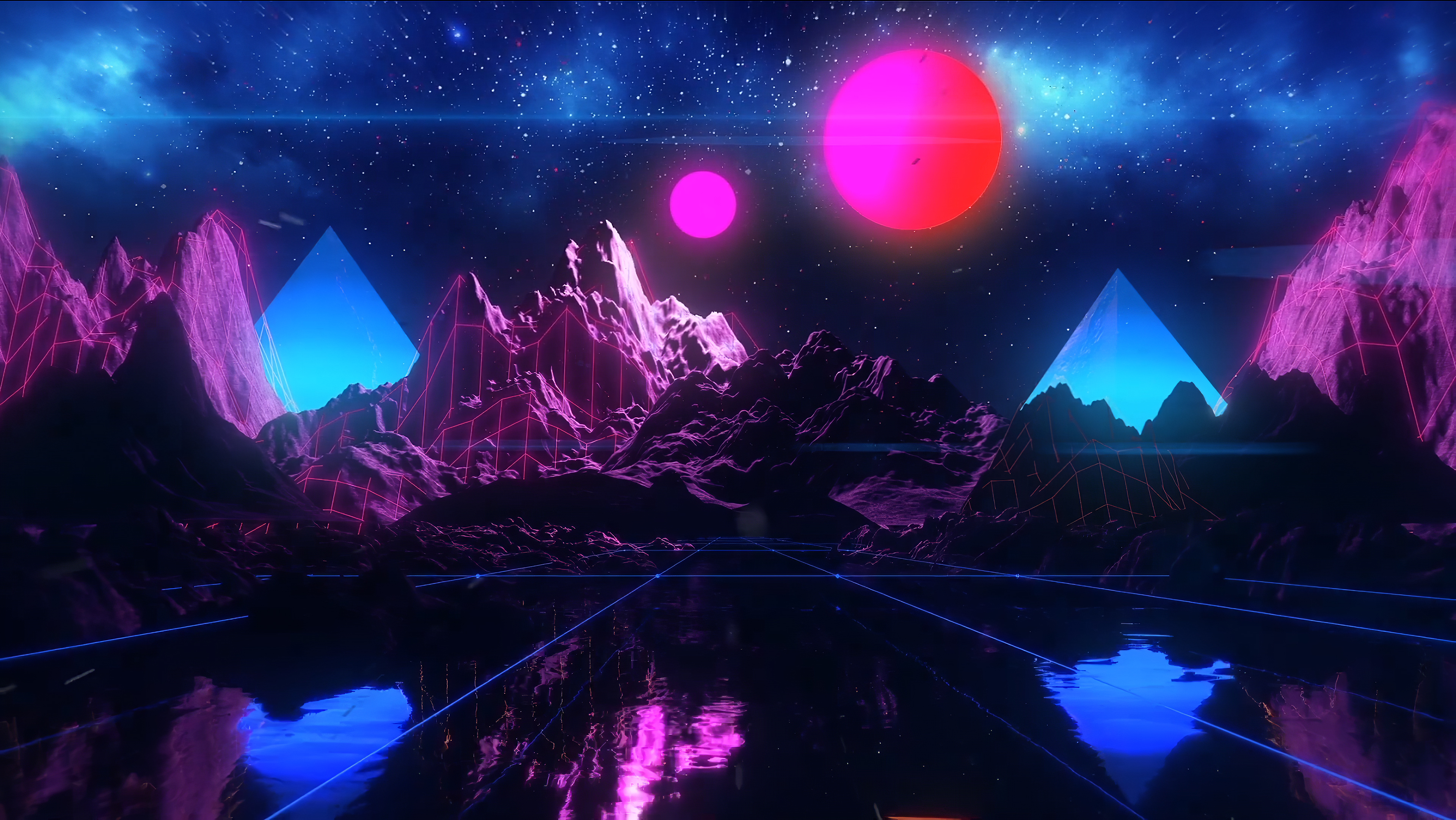 Wallpaper, digital art, artwork, planet, concept art, mountains, landscape, skyscape, Retrowave, vaporwave, synthwave, pyramid, reflection, purple, cyan, blue, lines, stars, space, galaxy, universe, rocks 3840x2162