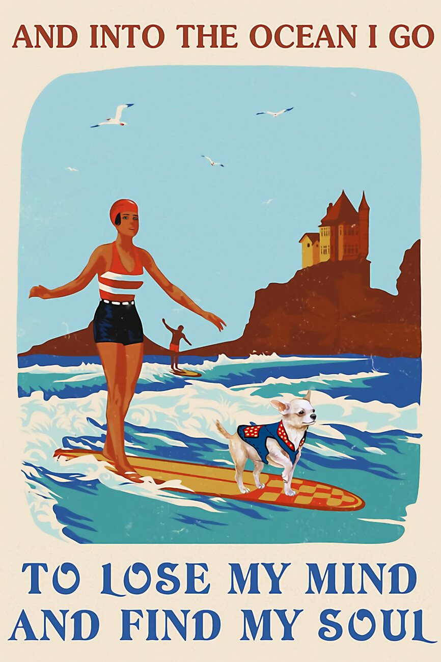 Retro Surfing Ocean Find My Soul Girl Chihuahua Vertical Poster Wall Mural