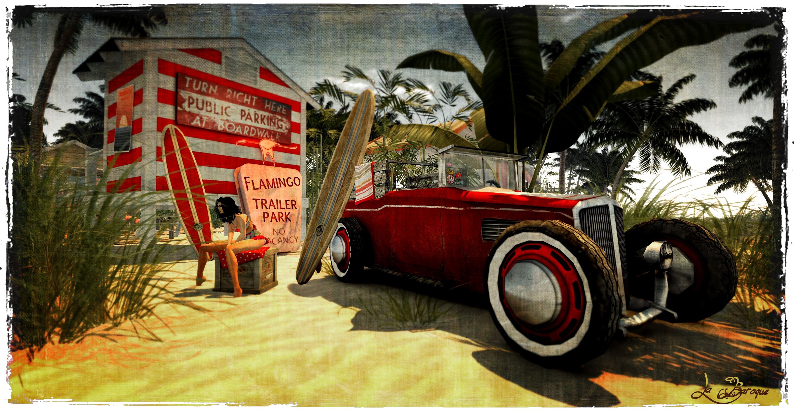 Wallpaper, sand, vehicle, beach, bikini, Vintage car, ART, Surf, girl, woman, secondlife, screenshot 2720x1410