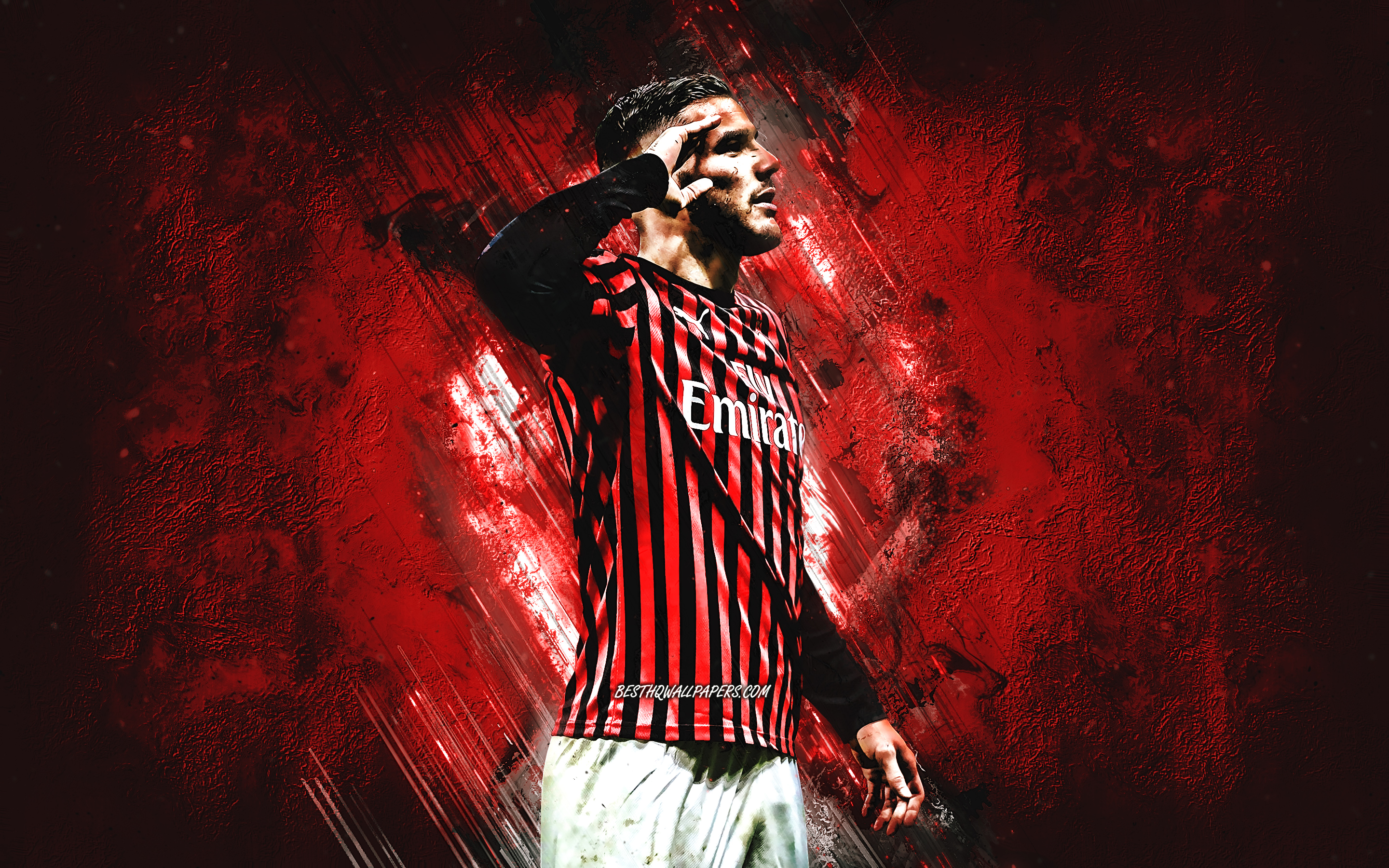 Download wallpaper Theo Hernandez, AC Milan, portrait, red creative background, French football player, Serie A, Italy, football for desktop with resolution 2880x1800. High Quality HD picture wallpaper