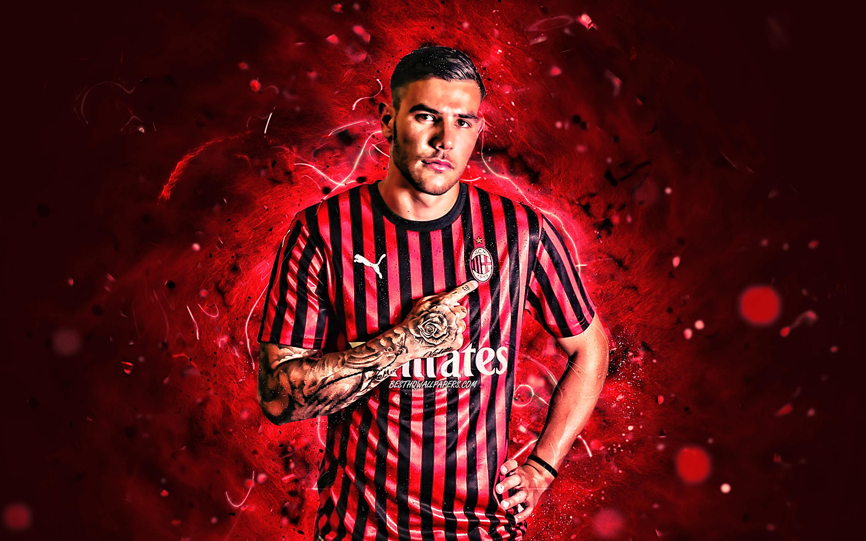 Download wallpaper Theo Hernandez, 2019, AC Milan, defender, french footballers, soccer, Serie A, Theo Bernard Francois Hernandez, neon lights, Milan FC, Rossoneri, creative for desktop with resolution 2880x1800. High Quality HD picture