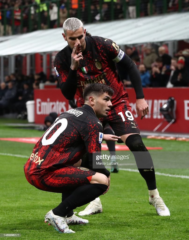 Theo Hernandez of AC Milan celebrates with teammate Brahim Diaz after. News Photo
