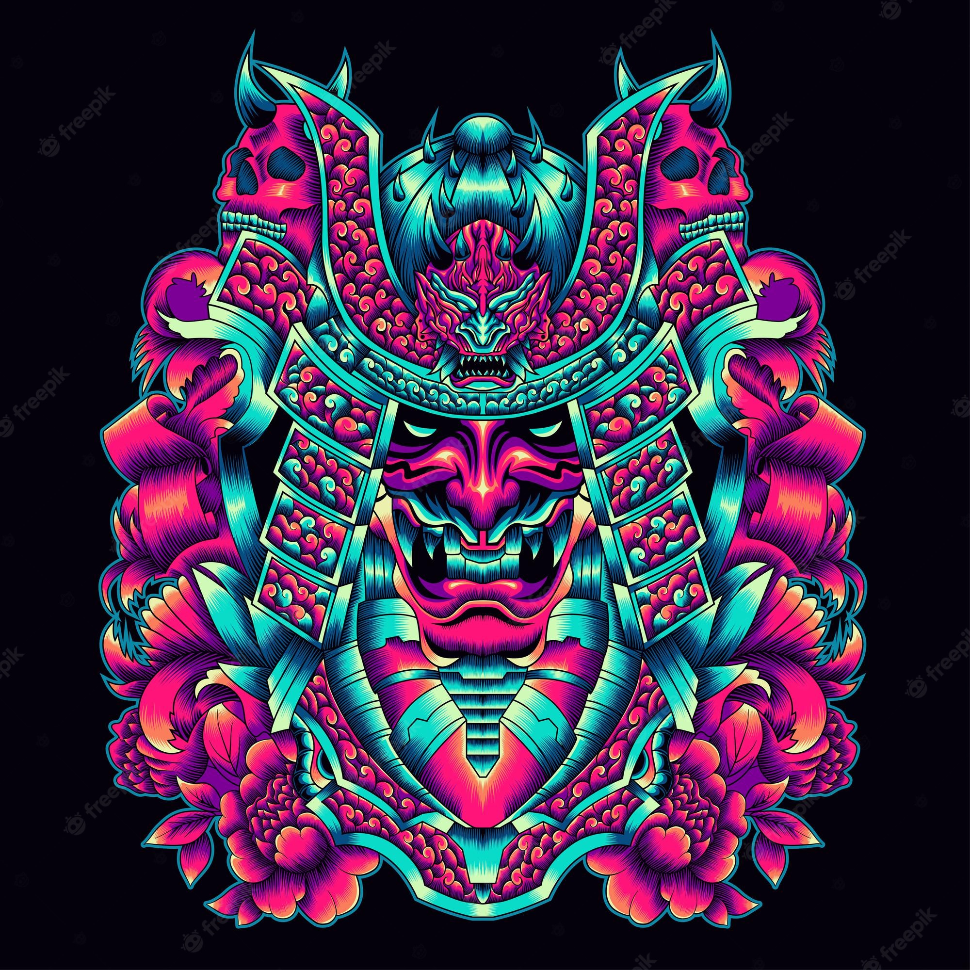 Premium Vector. Samurai oni mask illustration with ornament