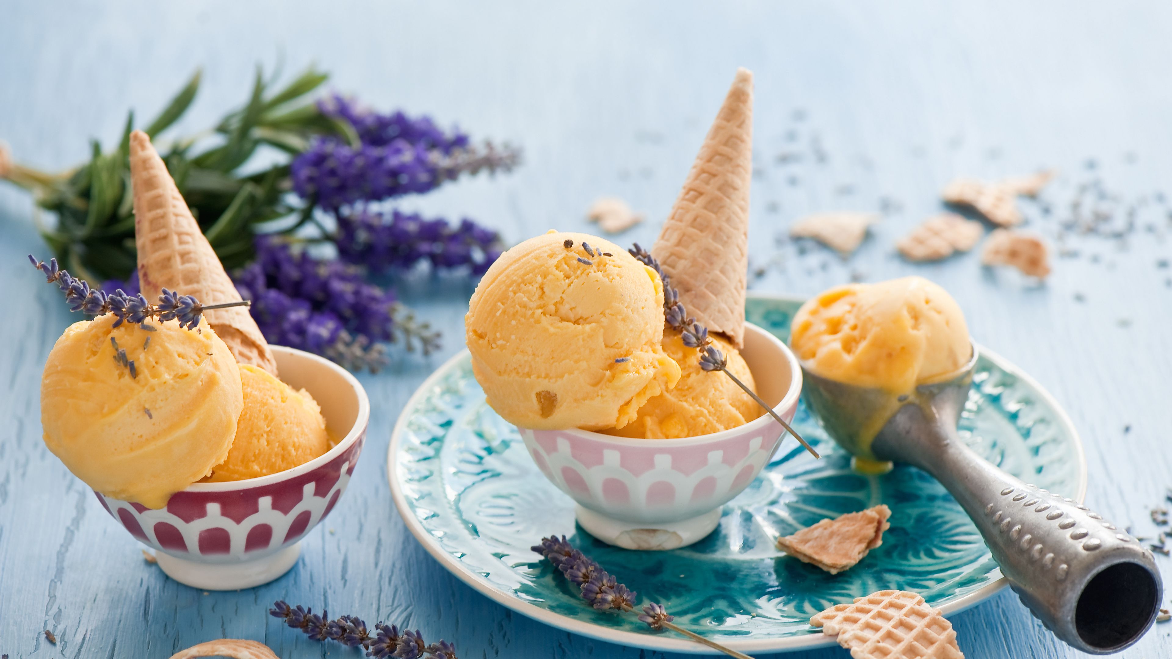 Download wallpaper 3840x2160 ice cream, cone, lavender, dessert 4k uhd 16:9 HD background