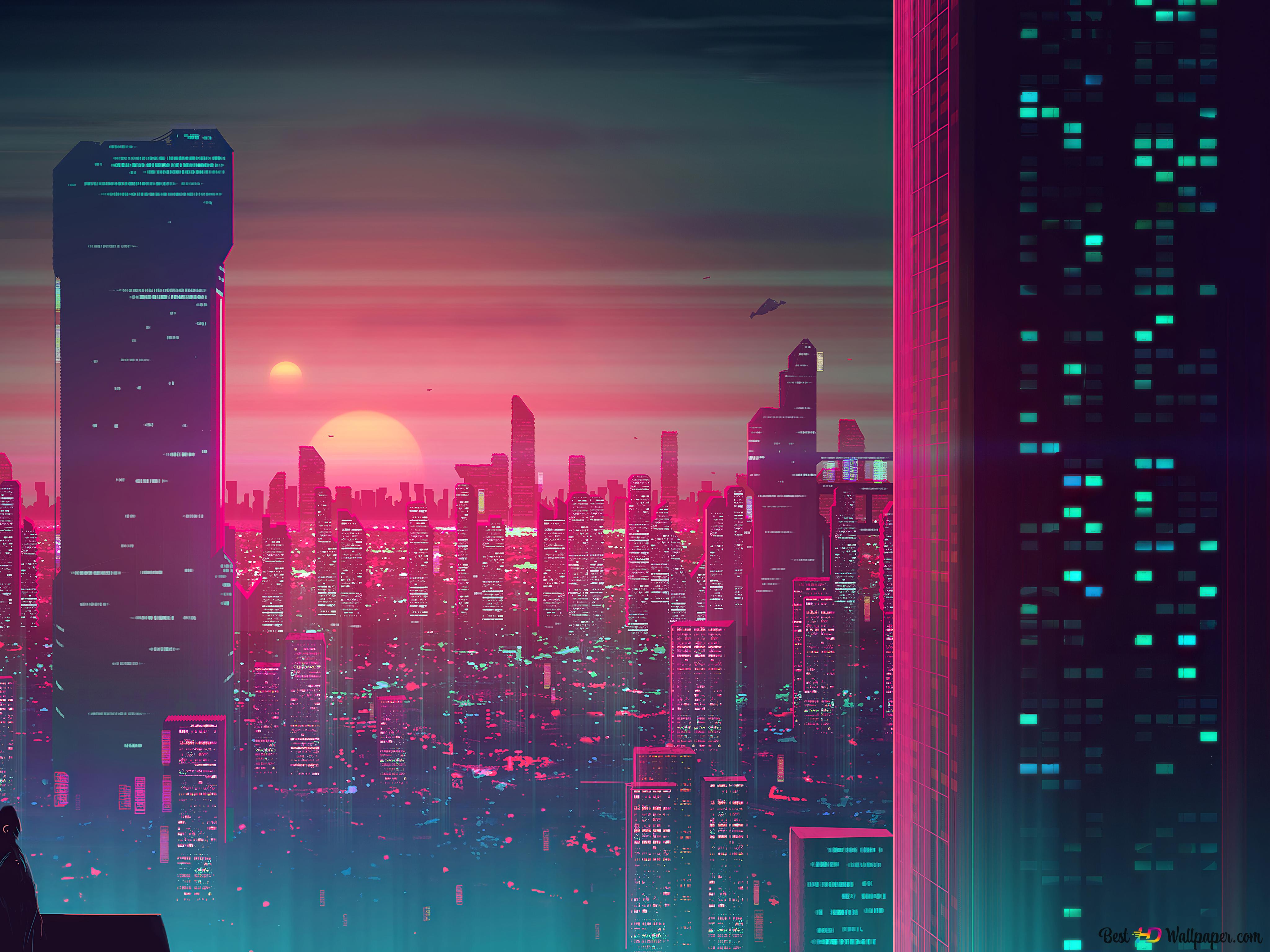 Sunset Scifi City 8K wallpaper download