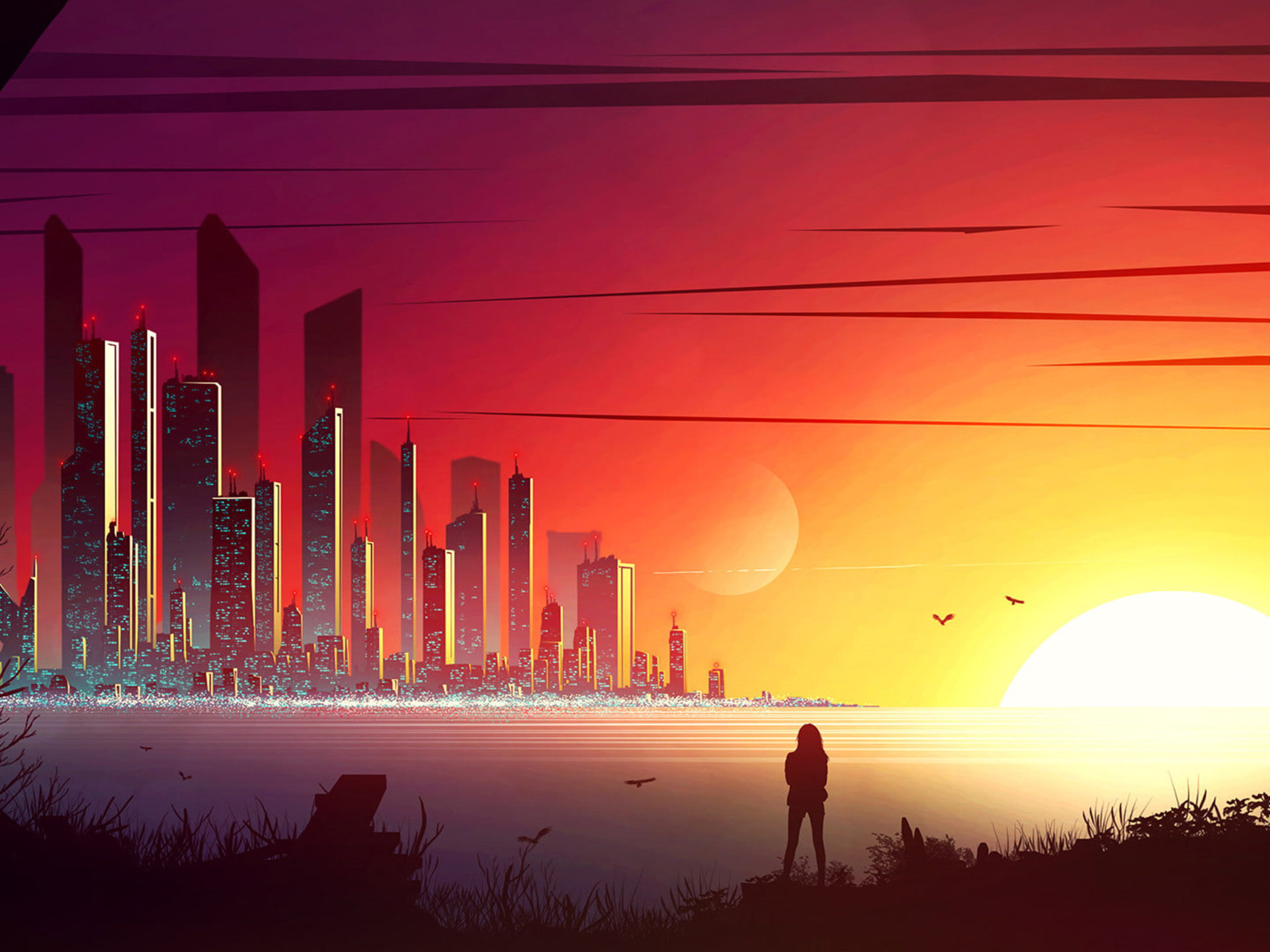 City Skyscrapers Cloud Sky Building Sunlight Birds Grass Sunset Fantasy 4k Ultra HD Wallpaper For Desktop Laptop Tablet Mobile Phones, Wallpaper13.com