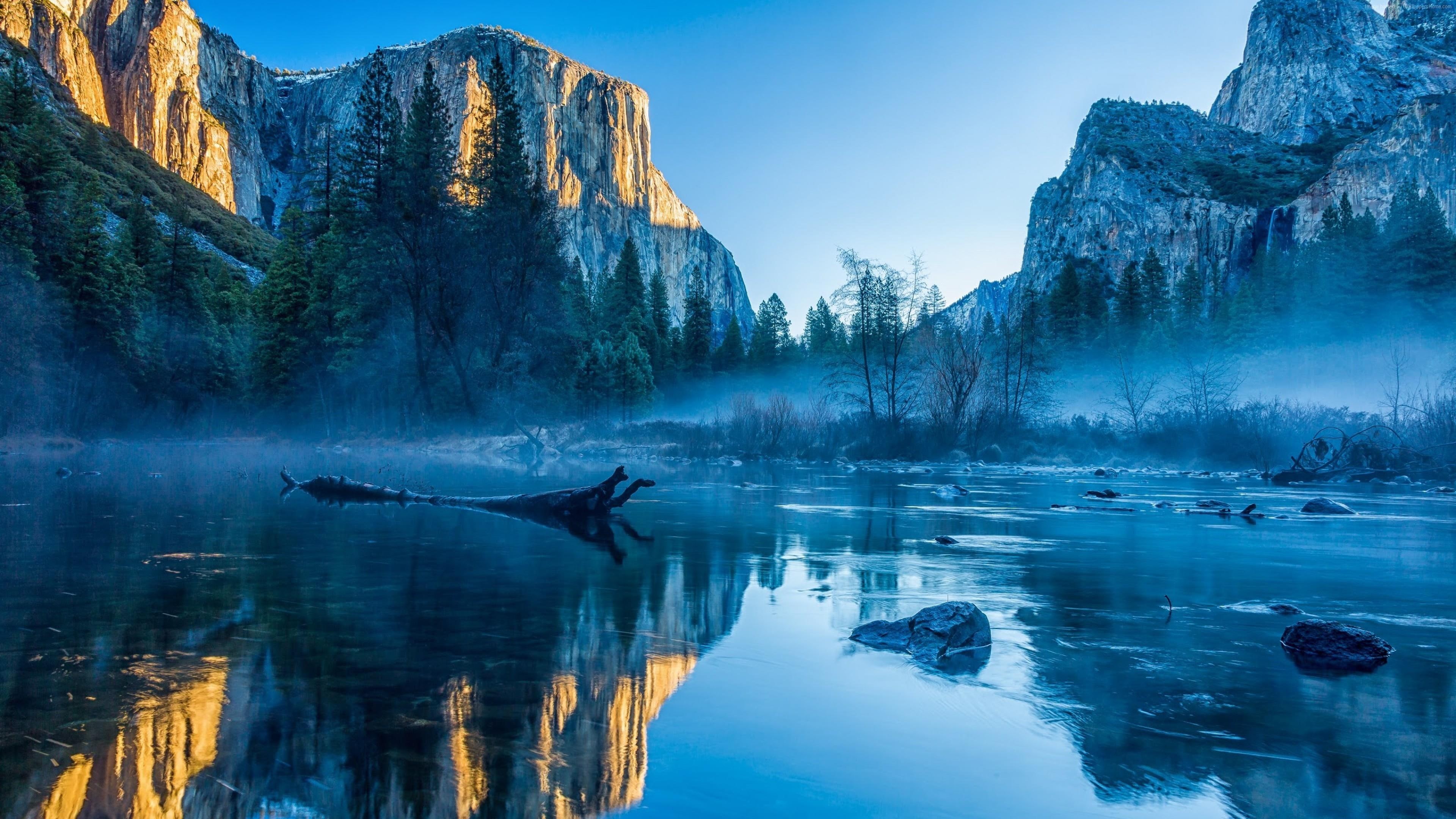 Wallpaper / reflection, lake, 4K, united states, yosemite national park, mountains, national park, usa, misty free download