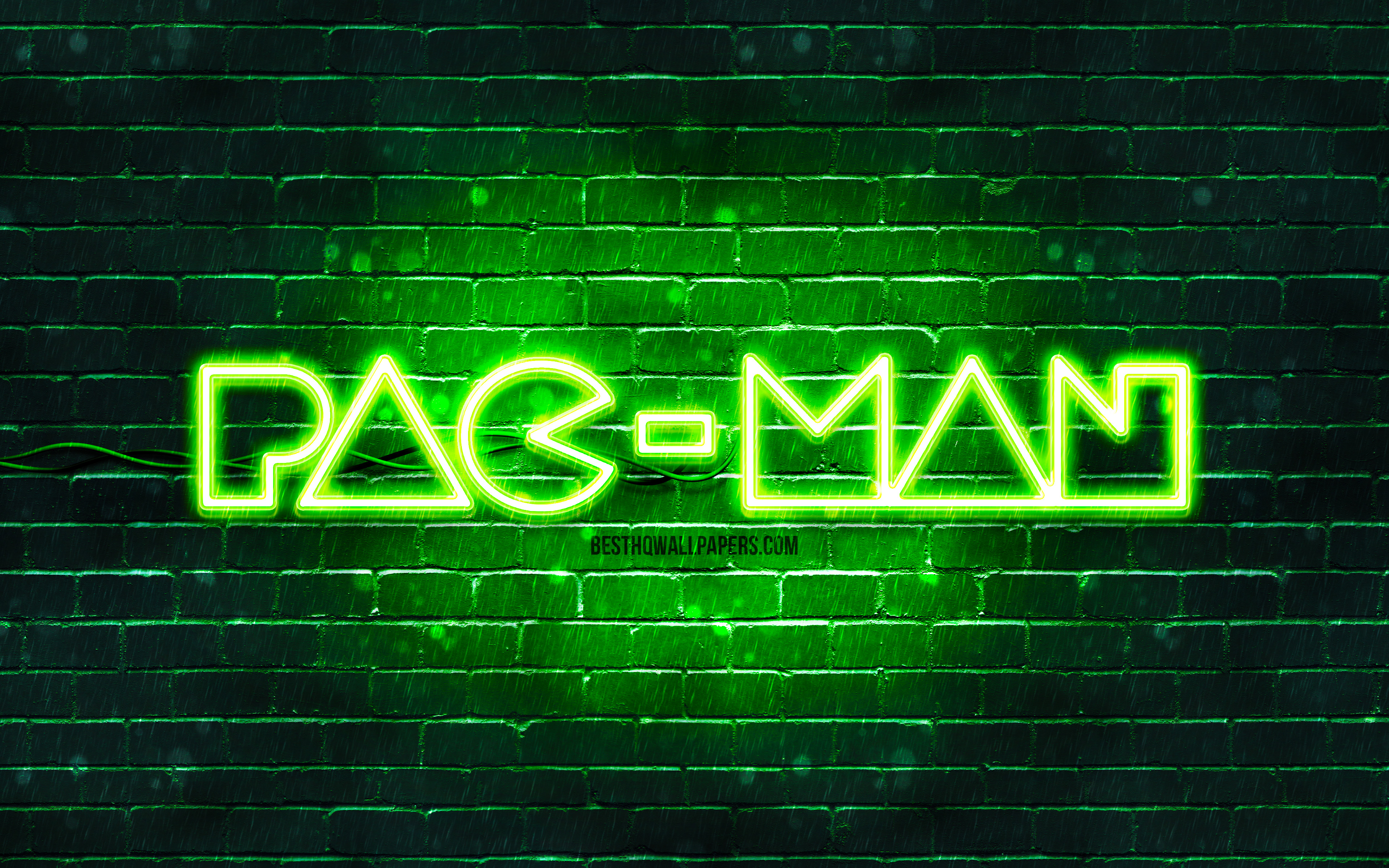 Download Wallpaper Pac Man Green Logo, 4k, Green Brickwall, Pac Man Logo, Pac Man Neon Logo, Pac Man For Desktop With Resolution 3840x2400. High Quality HD Picture Wallpaper