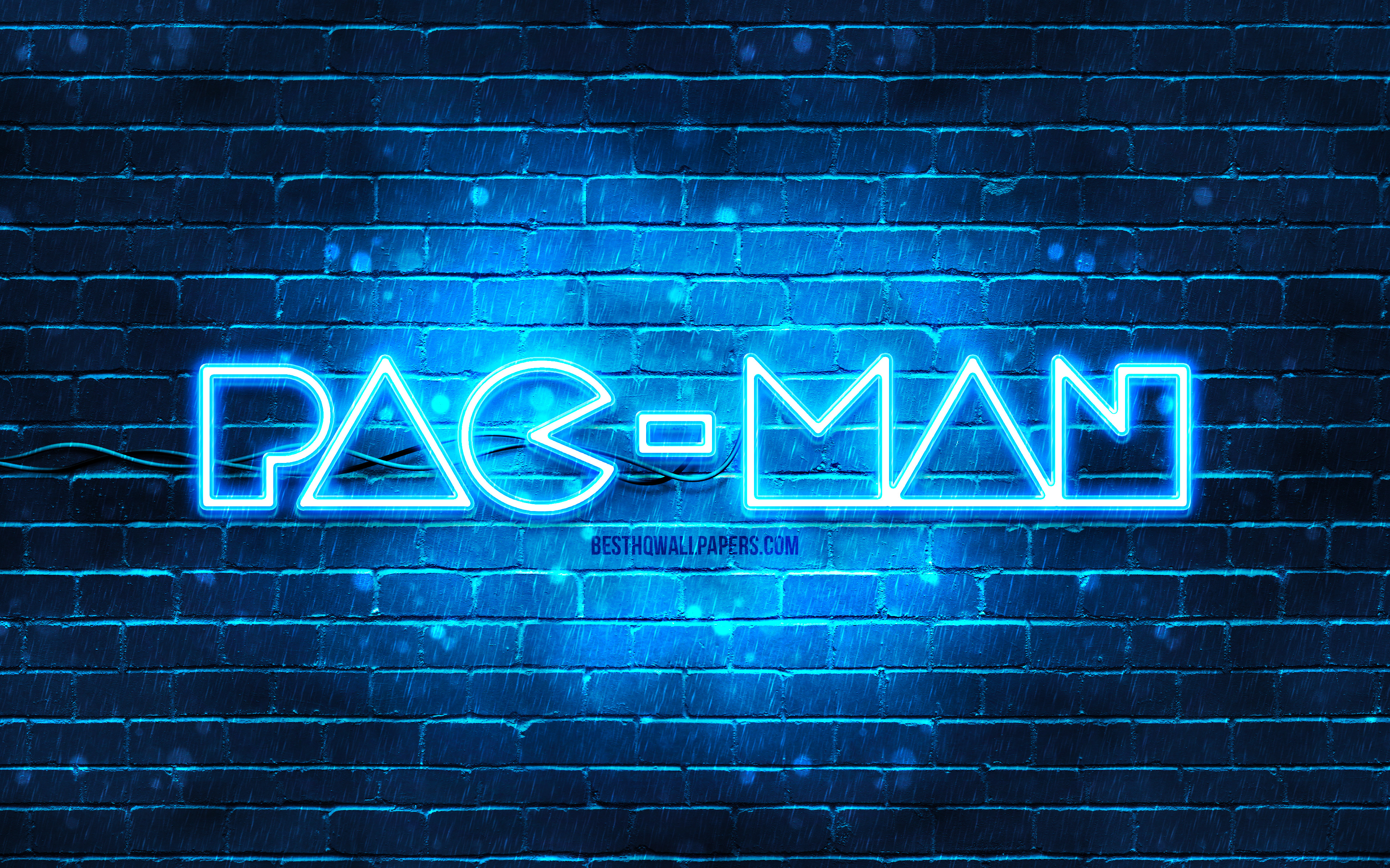 Download Wallpaper Pac Man Blue Logo, 4k, Blue Brickwall, Pac Man Logo, Pac Man Neon Logo, Pac Man For Desktop With Resolution 3840x2400. High Quality HD Picture Wallpaper